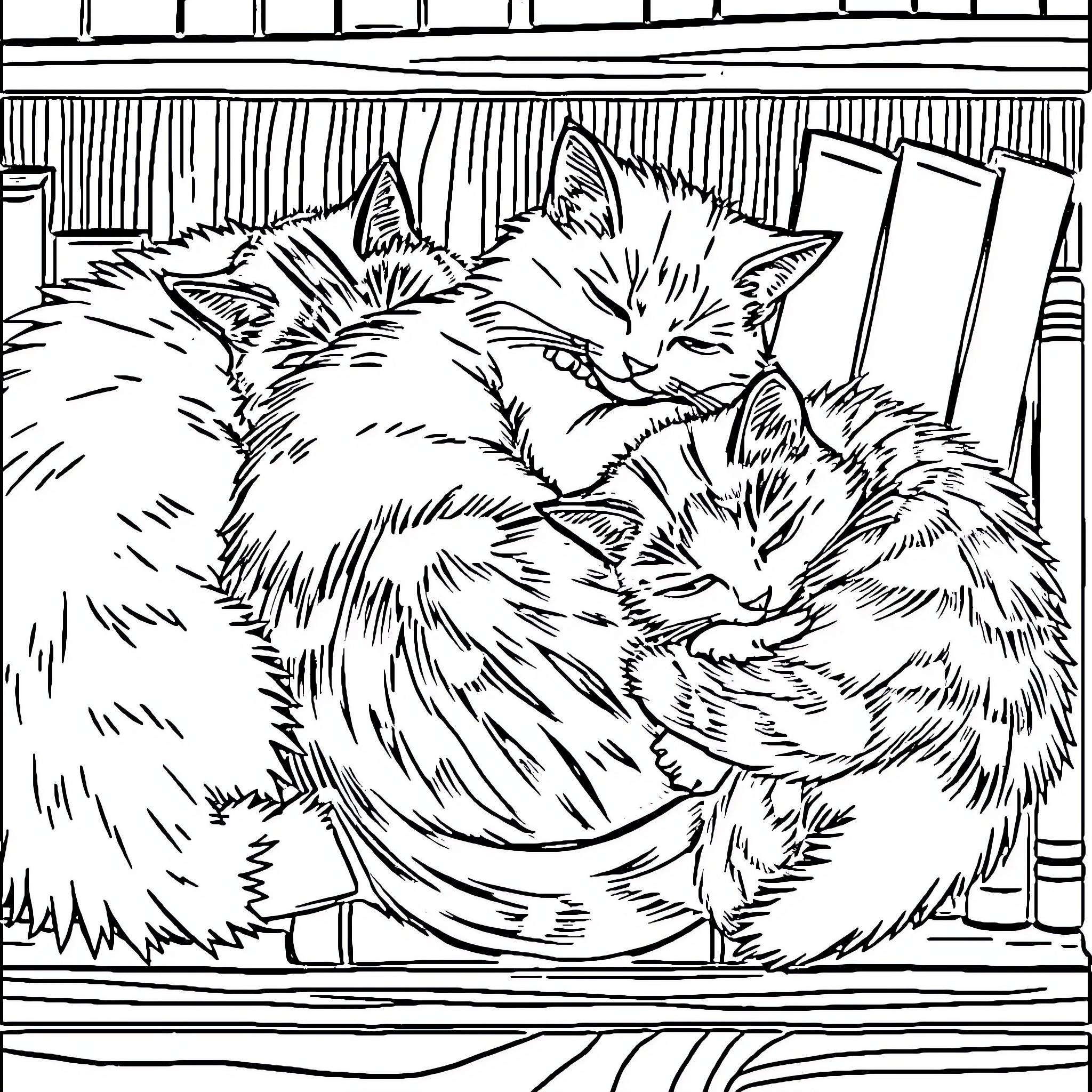 Cats cuddling cozily in a cozy basket Coloring Page (free black-and-white line drawing printable PDF for all, from beginners to advanced learners, including children, teens, adults, and seniors)