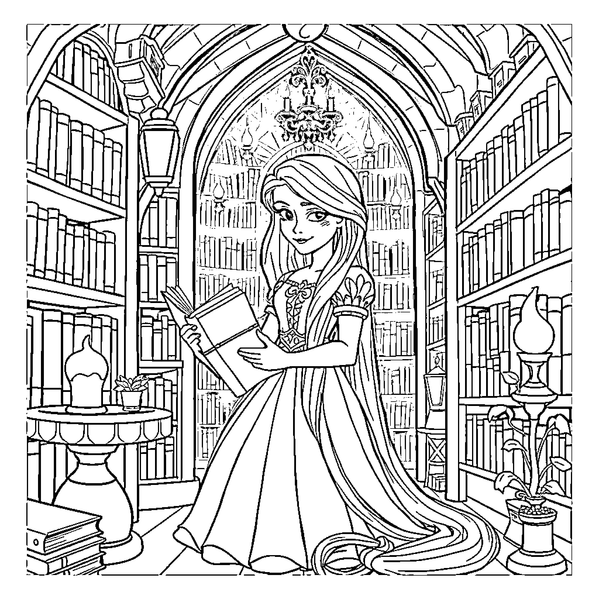 Rapunzel reading books in a grand library Coloring Page (free black-and-white line drawing printable PDF for all, from beginners to advanced learners, including children, teens, adults, and seniors)