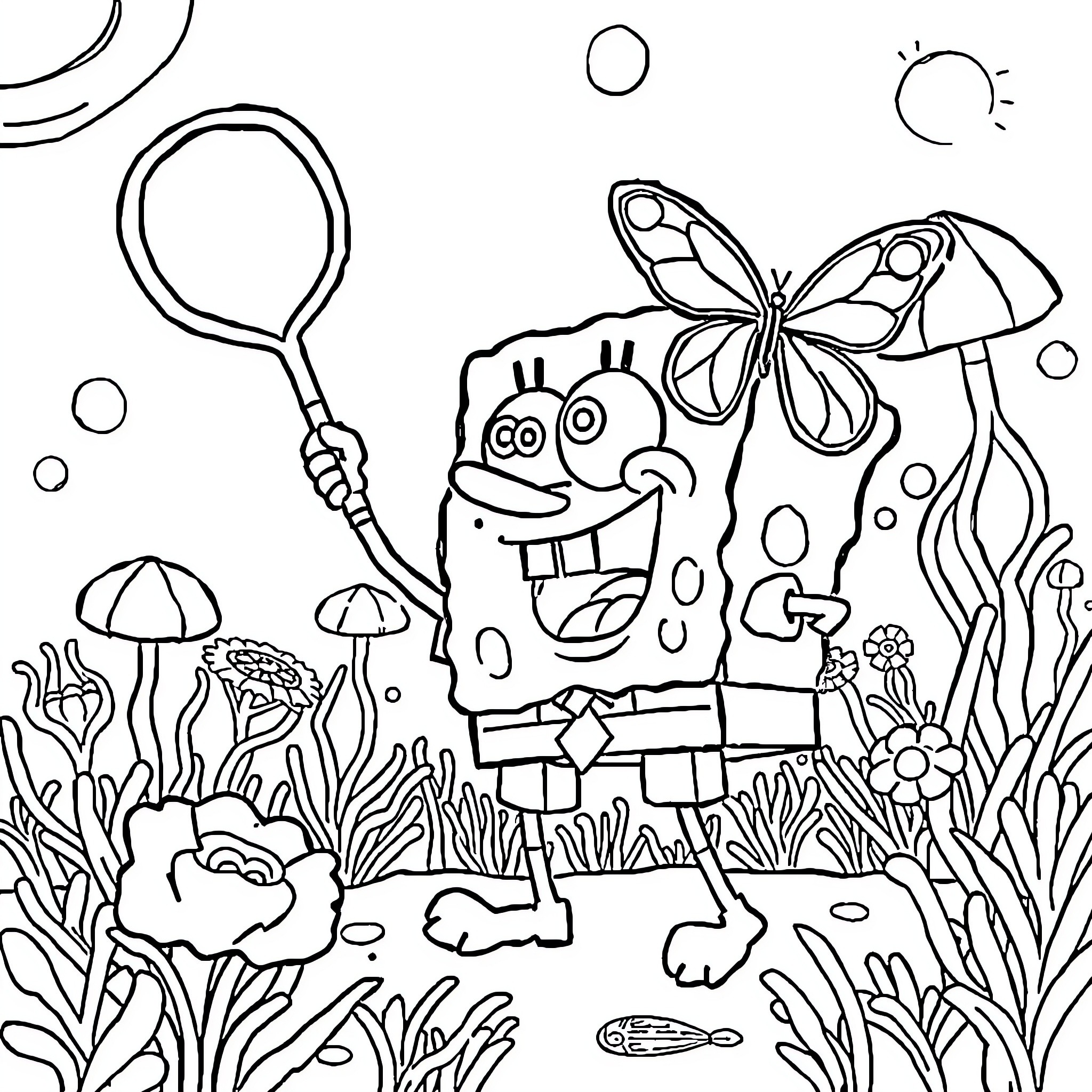 Spongebob exploring the underwater world with a butterfly net Coloring Page (free black-and-white line drawing printable PDF for all, from beginners to advanced learners, including children, teens, adults, and seniors)
