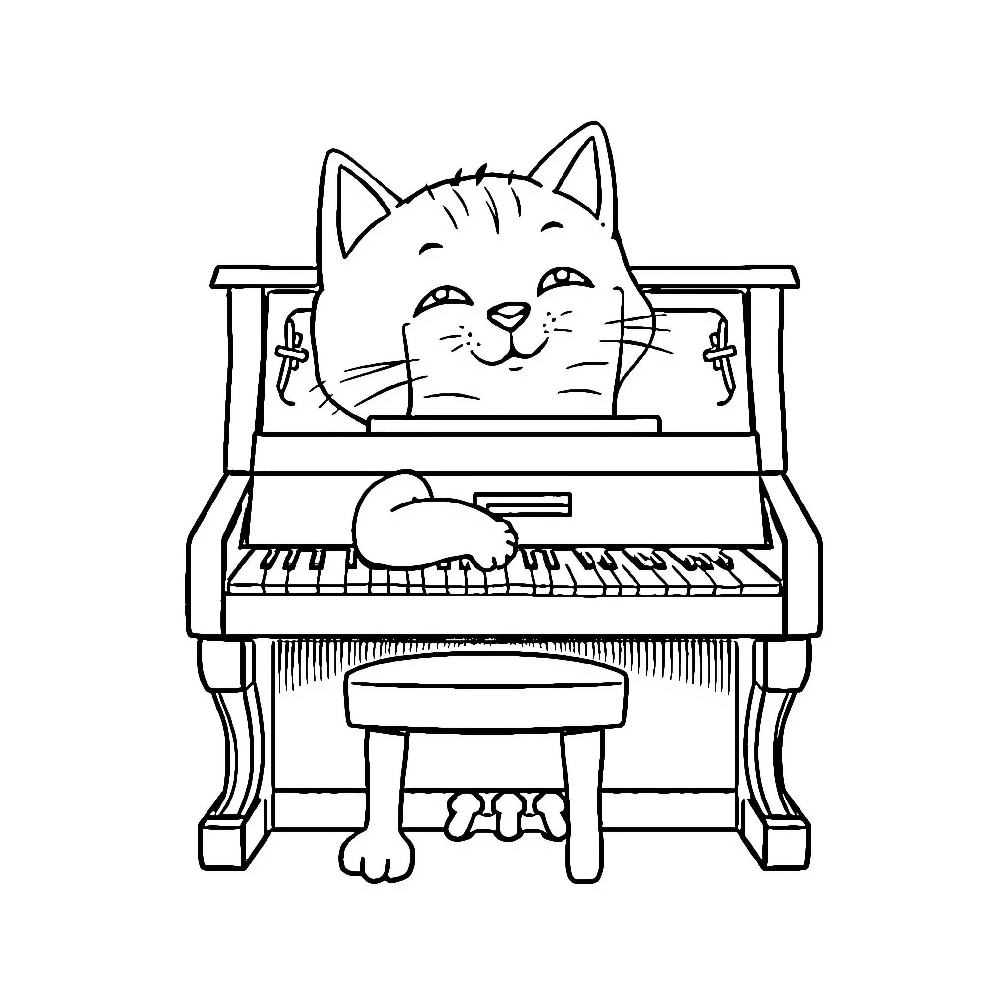Piano-playing cat relaxing on the keys Coloring Page (free black-and-white line drawing printable PDF for all, from beginners to advanced learners, including children, teens, adults, and seniors)