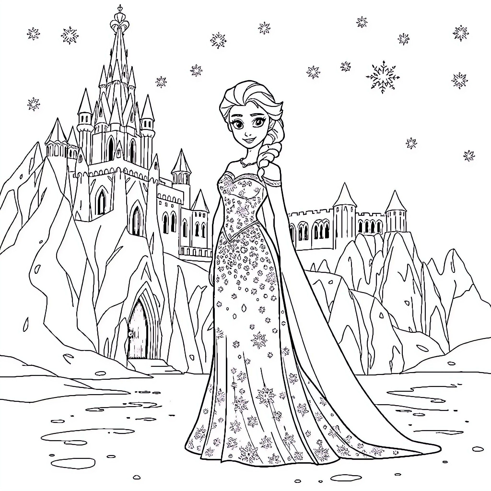 Elsa enjoying the winter wonderland in her enchanting dress Coloring Page (free black-and-white line drawing printable PDF for all, from beginners to advanced learners, including children, teens, adults, and seniors)