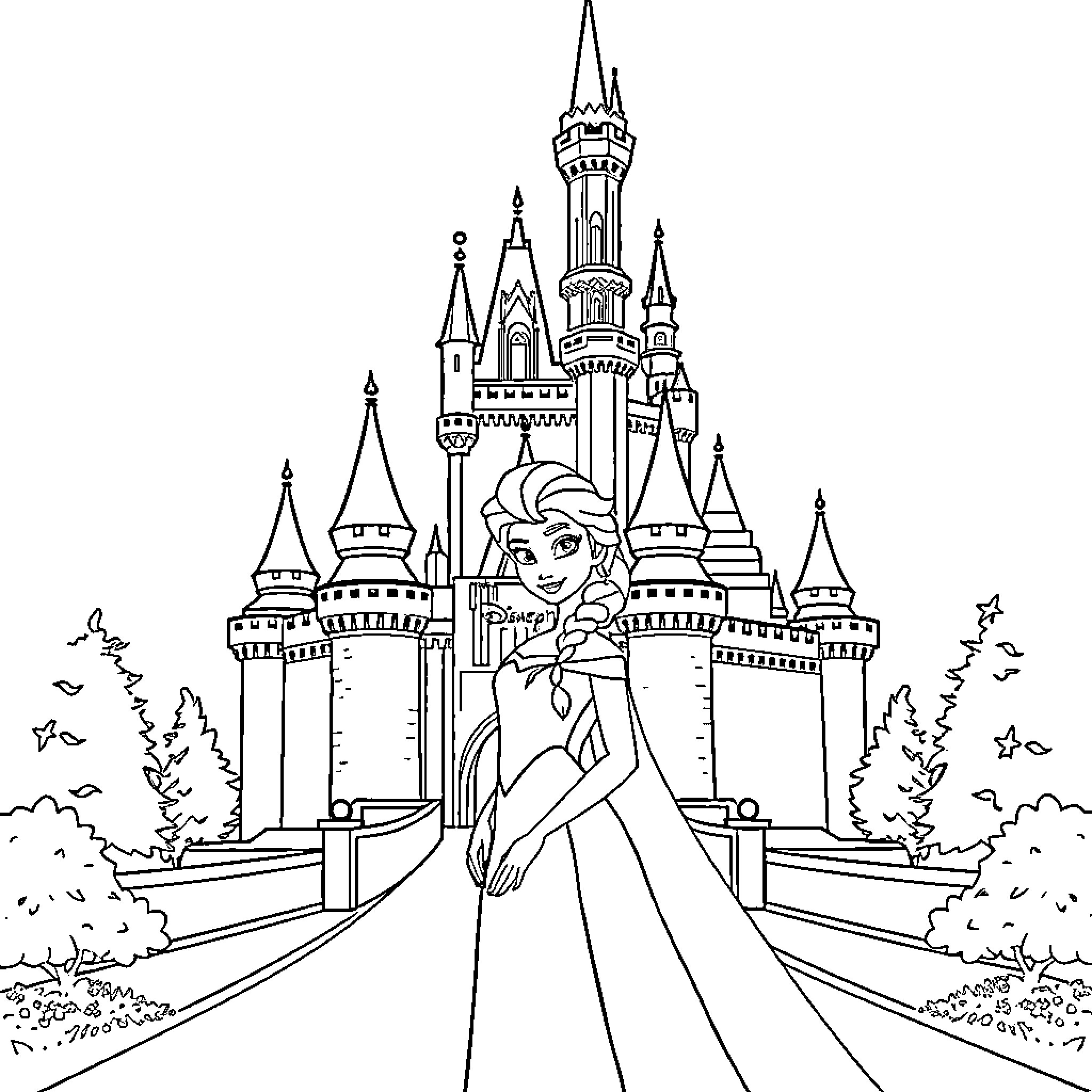 Elsa standing gracefully in front of a grand castle Coloring Page (free black-and-white line drawing printable PDF for all, from beginners to advanced learners, including children, teens, adults, and seniors)
