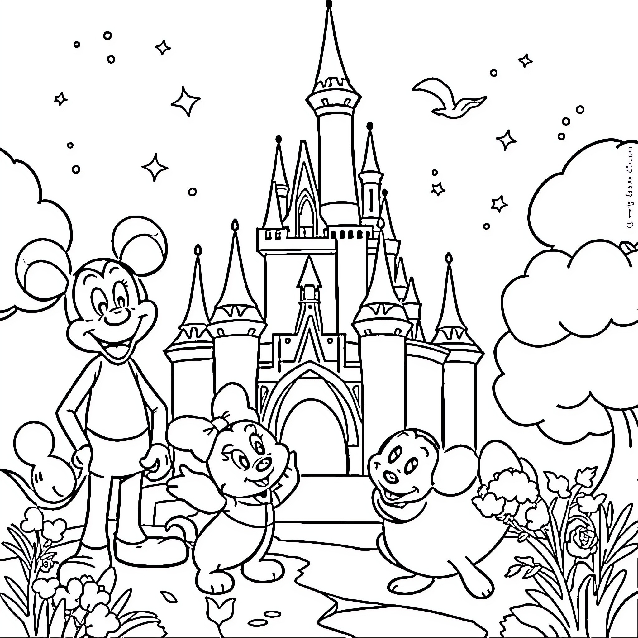 Disney characters exploring magical castle with friends Coloring Page (free black-and-white line drawing printable PDF for all, from beginners to advanced learners, including children, teens, adults, and seniors)