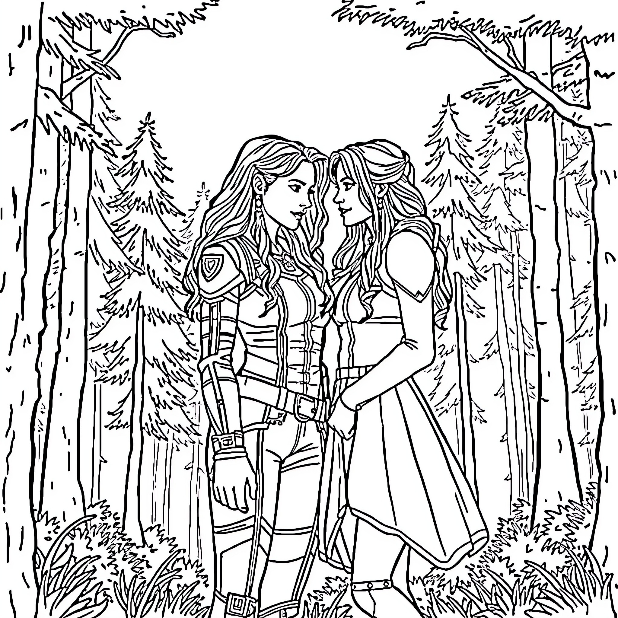 Lexa and her friend in the enchanted forest Coloring Page (free black-and-white line drawing printable PDF for all, from beginners to advanced learners, including children, teens, adults, and seniors)