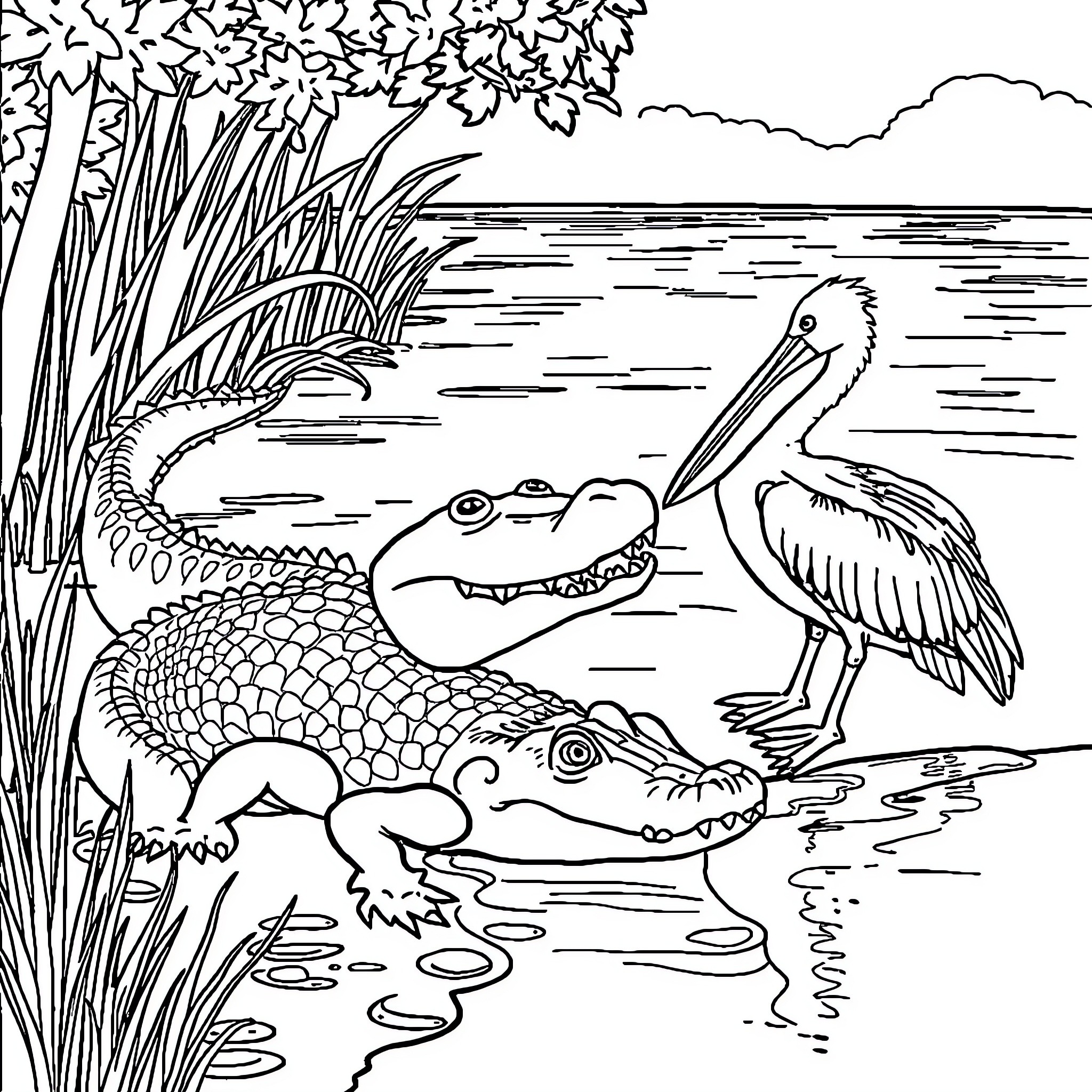 Alligator and Pelican in Wetland Habitat Coloring Page (free black-and-white line drawing printable PDF for all, from beginners to advanced learners, including children, teens, adults, and seniors)