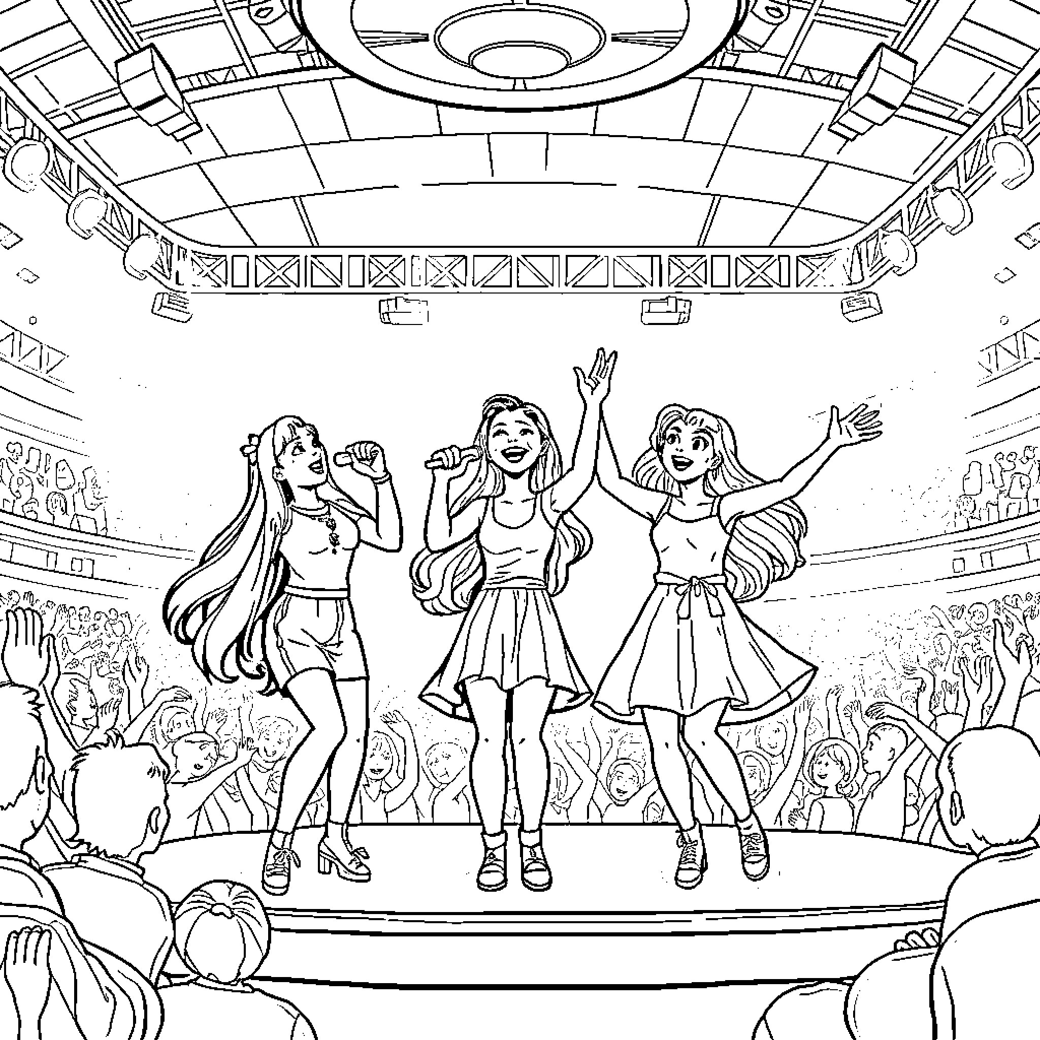 Singer dancing and performing on stage with fans Coloring Page (free black-and-white line drawing printable PDF for all, from beginners to advanced learners, including children, teens, adults, and seniors)