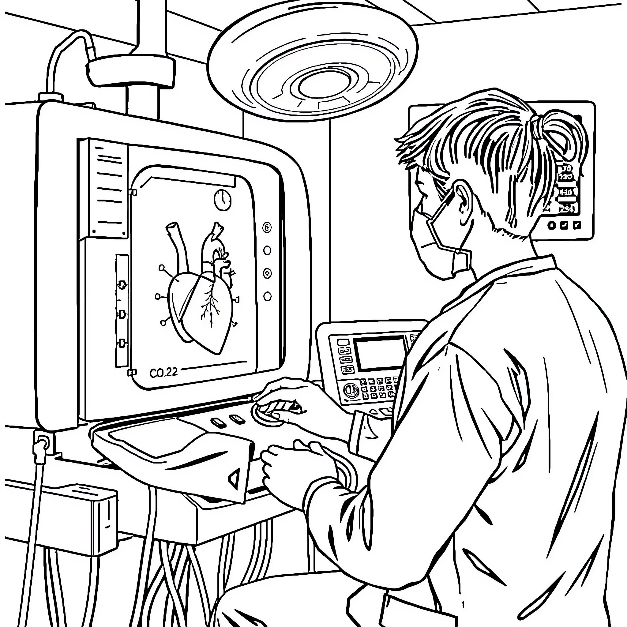 Perfusionist performing medical procedure in operating room Coloring Page (free black-and-white line drawing printable PDF for all, from beginners to advanced learners, including children, teens, adults, and seniors)