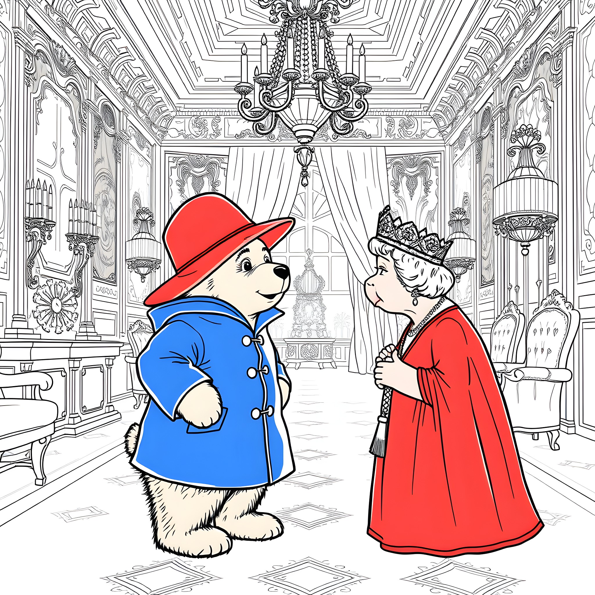Paddington Bear meets the Queen in a grand palace Coloring Page (free black-and-white line drawing printable PDF for all, from beginners to advanced learners, including children, teens, adults, and seniors)