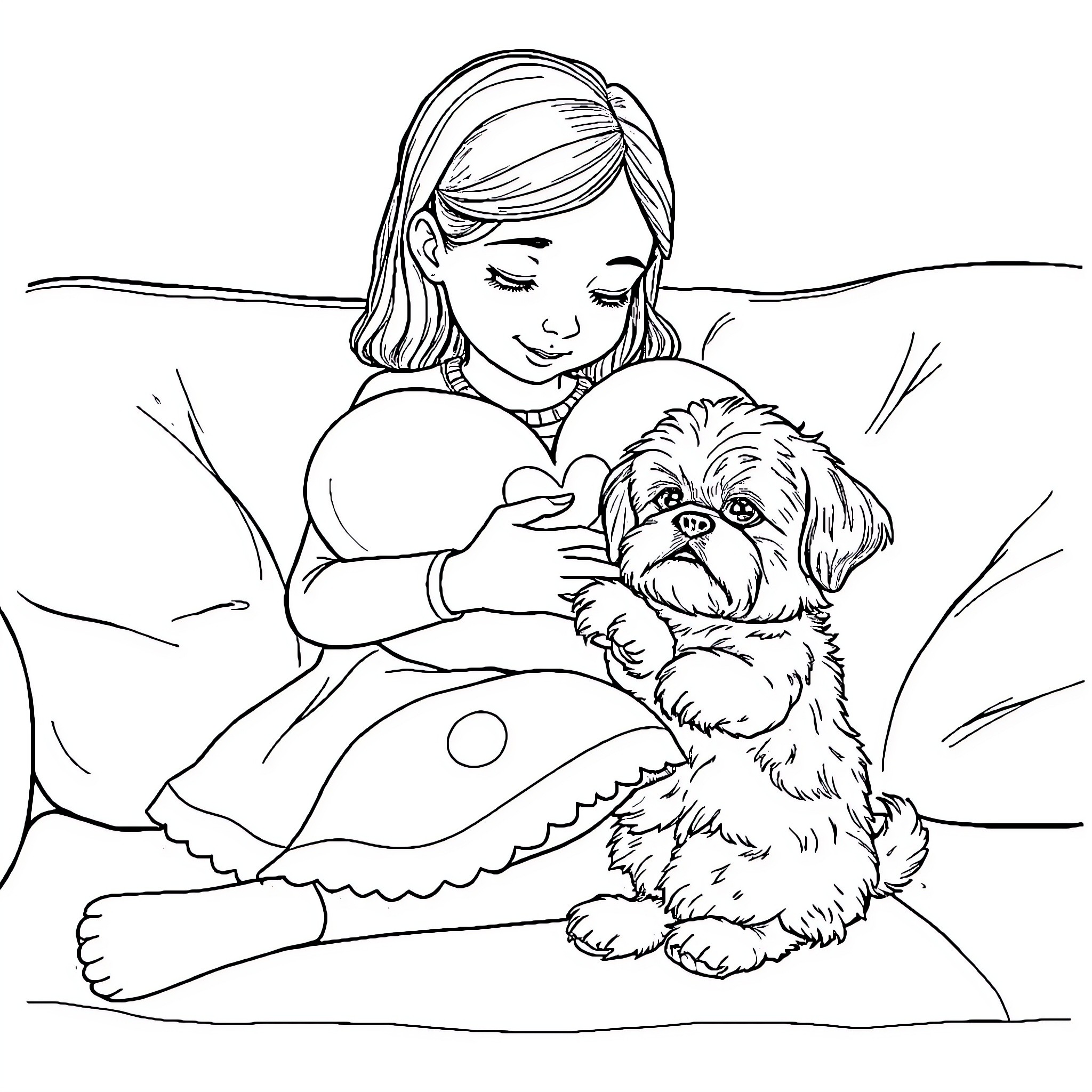 Girl cuddling her loyal dog companion Coloring Page (free black-and-white line drawing printable PDF for all, from beginners to advanced learners, including children, teens, adults, and seniors)