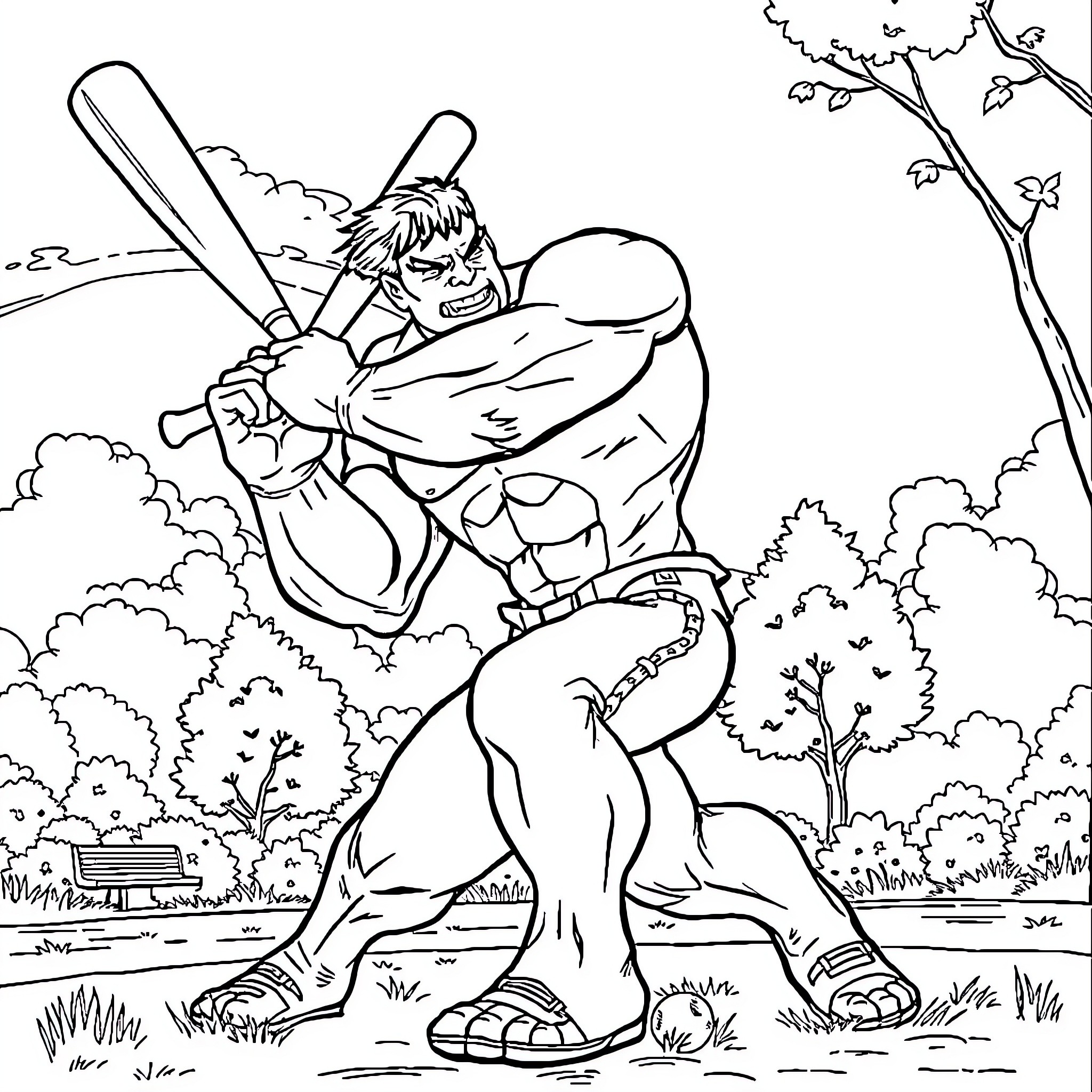 Hulk Swinging Mighty Bat in Outdoor Setting Coloring Page (free black-and-white line drawing printable PDF for all, from beginners to advanced learners, including children, teens, adults, and seniors)