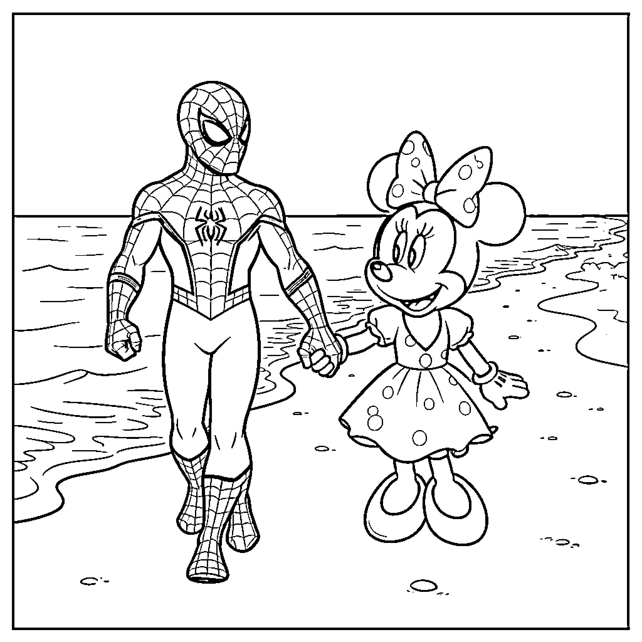 Spider-Man walking hand in hand with Minnie Mouse Coloring Page (free black-and-white line drawing printable PDF for all, from beginners to advanced learners, including children, teens, adults, and seniors)