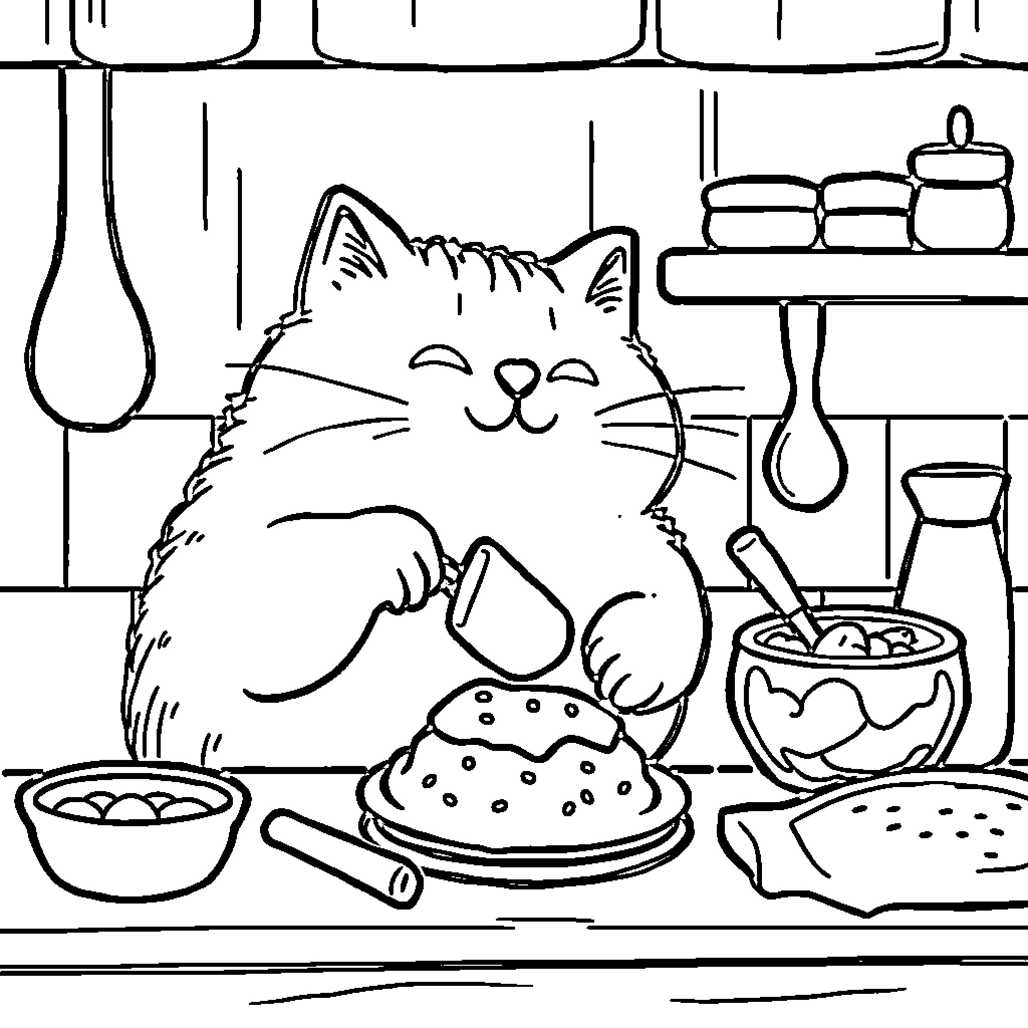 Pusheen Enjoying a Cozy Kitchen Scene Coloring Page (free black-and-white line drawing printable PDF for all, from beginners to advanced learners, including children, teens, adults, and seniors)