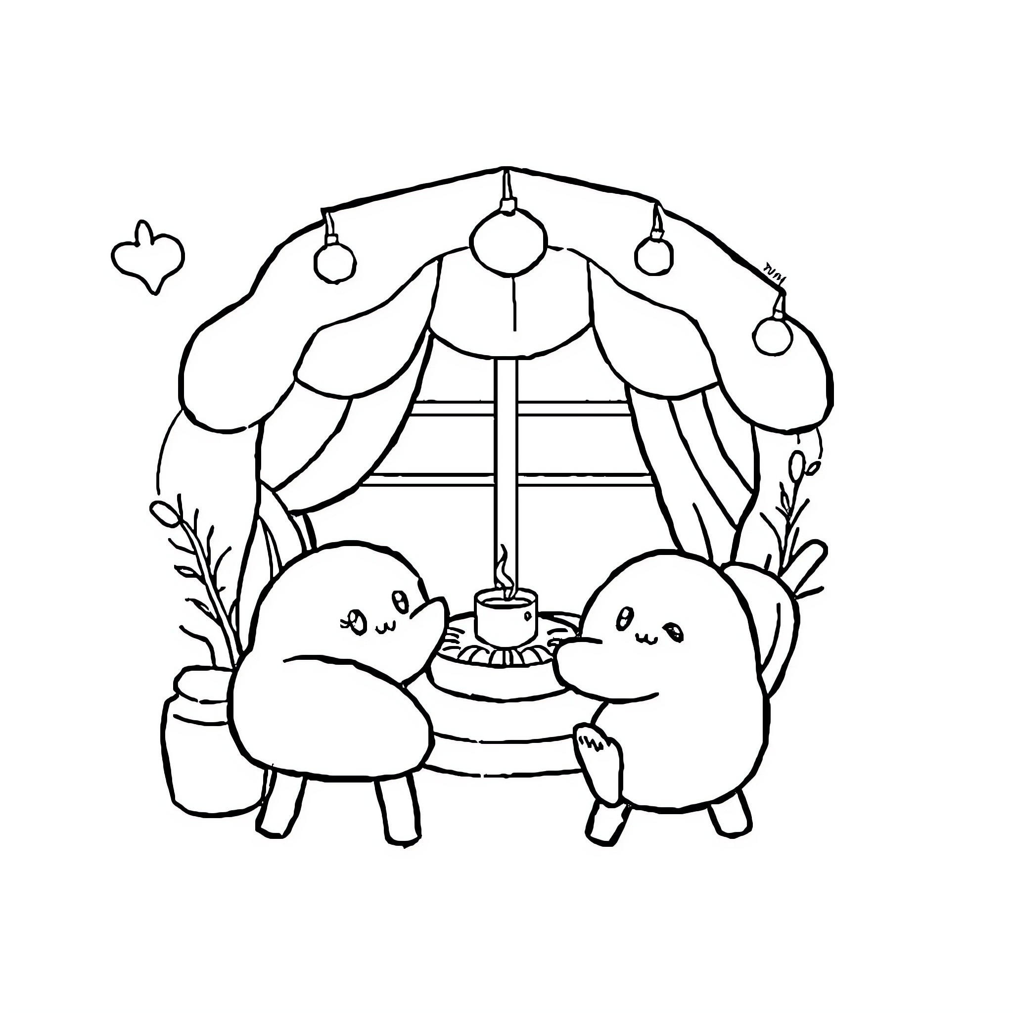 Kawaii Bunnies Enjoying a Cozy Hideaway Coloring Page (free black-and-white line drawing printable PDF for all, from beginners to advanced learners, including children, teens, adults, and seniors)