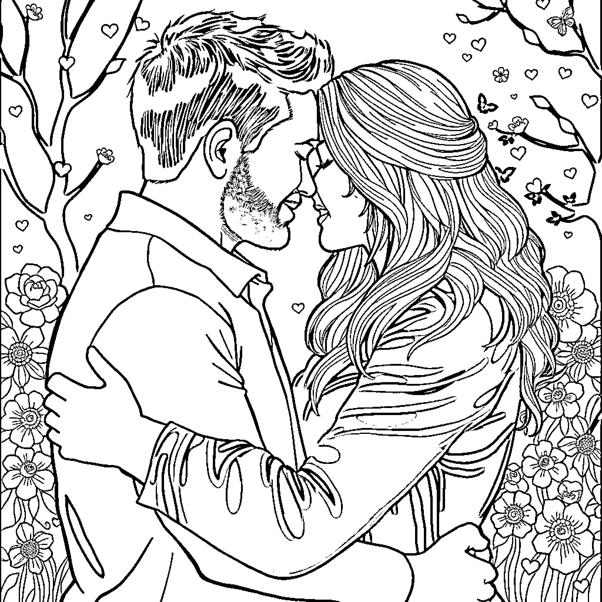 Josh and Katie Sharing a Loving Embrace in a Floral Paradise Coloring Page (free black-and-white line drawing printable PDF for all, from beginners to advanced learners, including children, teens, adults, and seniors)
