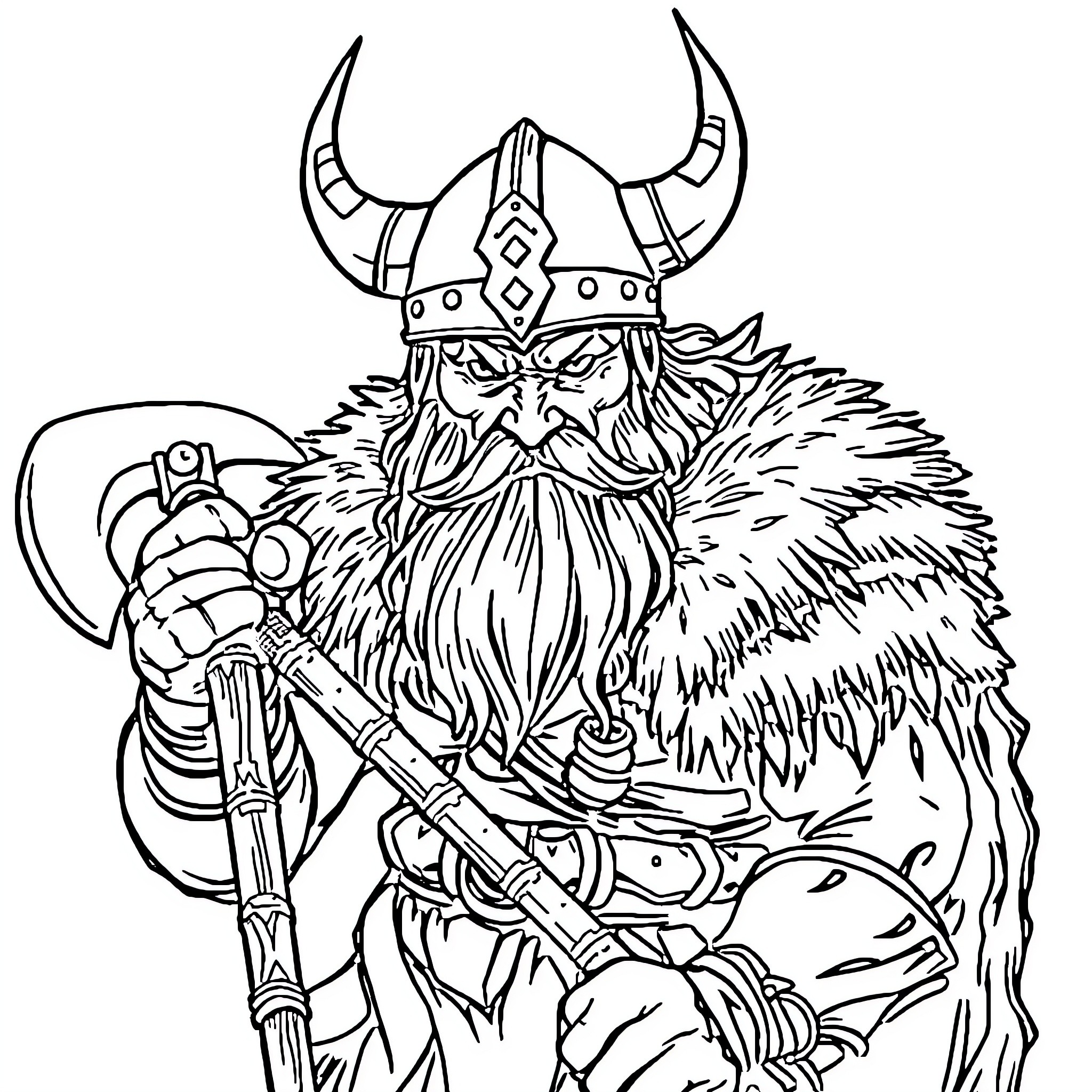 Viking warrior wielding a weapon with ferocious expression Coloring Page (free black-and-white line drawing printable PDF for all, from beginners to advanced learners, including children, teens, adults, and seniors)