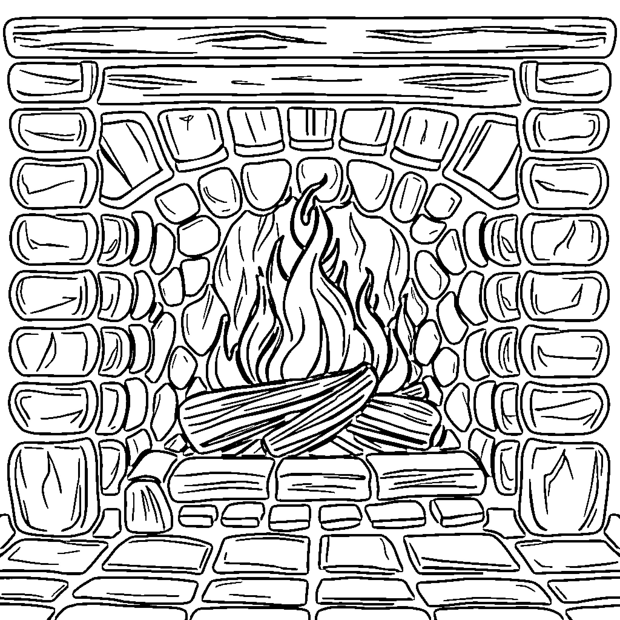 Fireplace with cozy fire and wooden logs Coloring Page (free black-and-white line drawing printable PDF for all, from beginners to advanced learners, including children, teens, adults, and seniors)