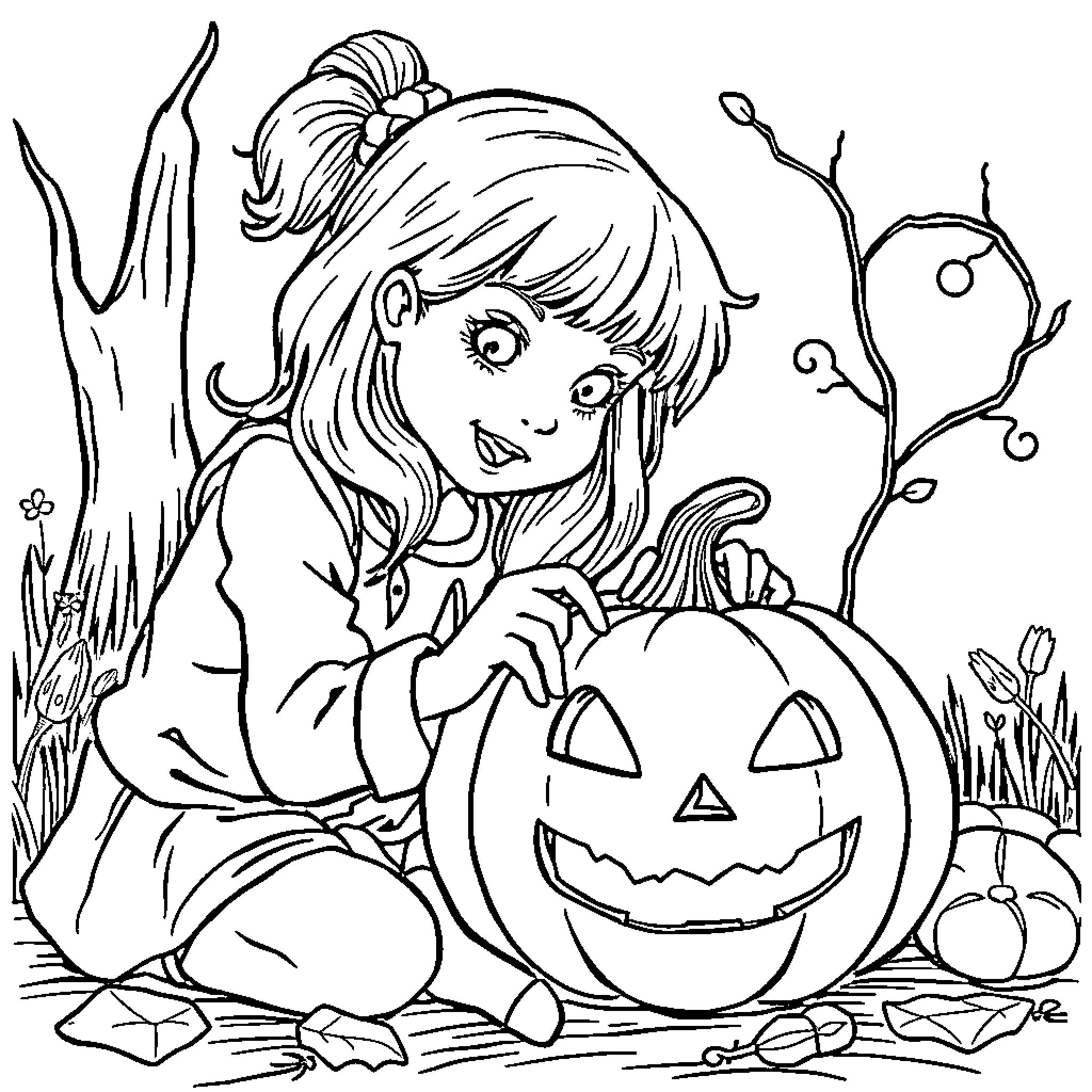 Girl plays with a pumpkin in nature Coloring Page (free black-and-white line drawing printable PDF for all, from beginners to advanced learners, including children, teens, adults, and seniors)