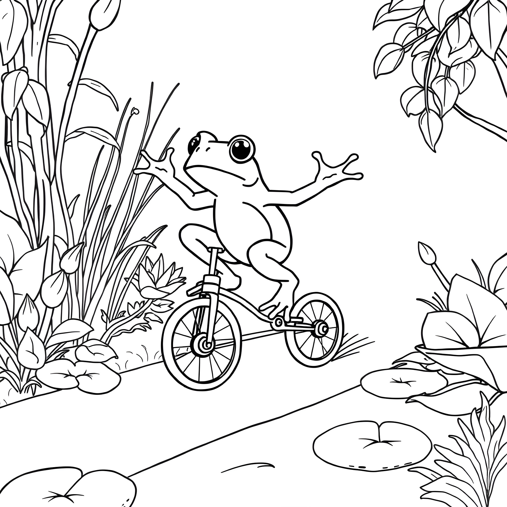 Frog riding a bicycle in a nature scene Coloring Page (free black-and-white line drawing printable PDF for all, from beginners to advanced learners, including children, teens, adults, and seniors)