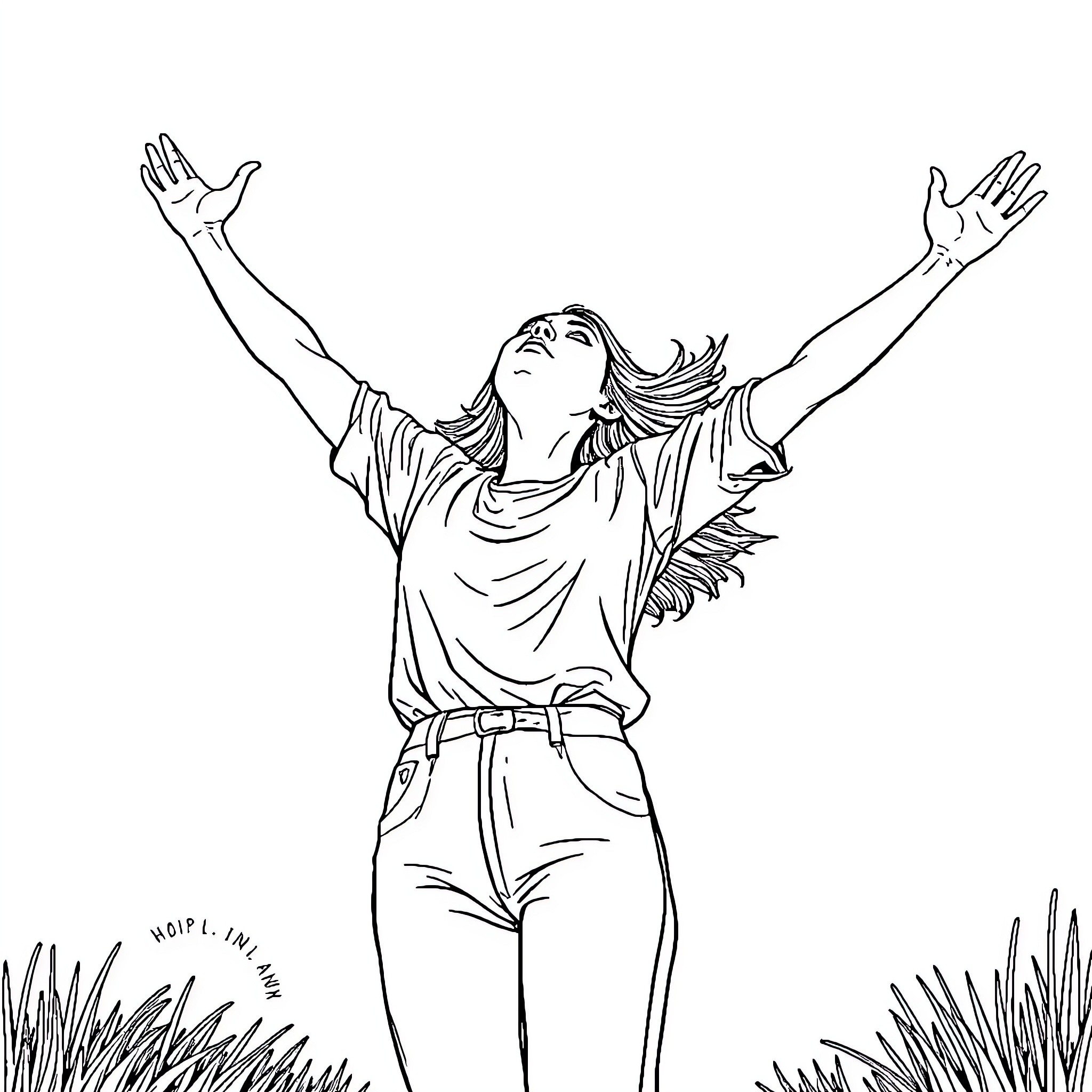 Woman expressing joy and freedom in nature Coloring Page (free black-and-white line drawing printable PDF for all, from beginners to advanced learners, including children, teens, adults, and seniors)