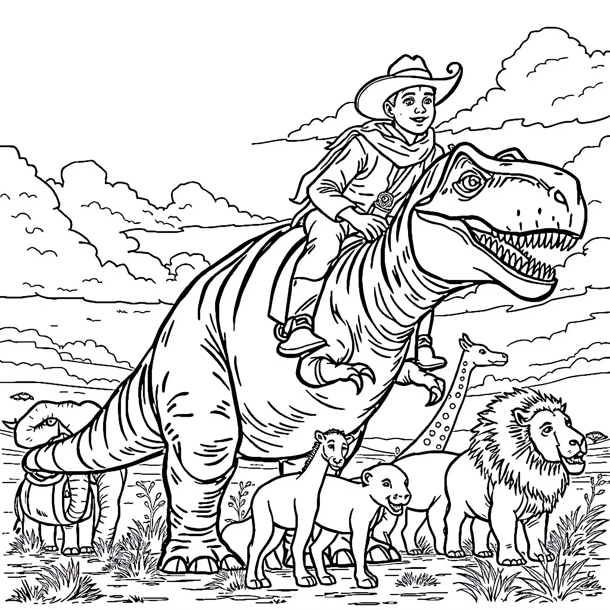 Cowboy riding a dinosaur with wild animals Coloring Page (free black-and-white line drawing printable PDF for all, from beginners to advanced learners, including children, teens, adults, and seniors)