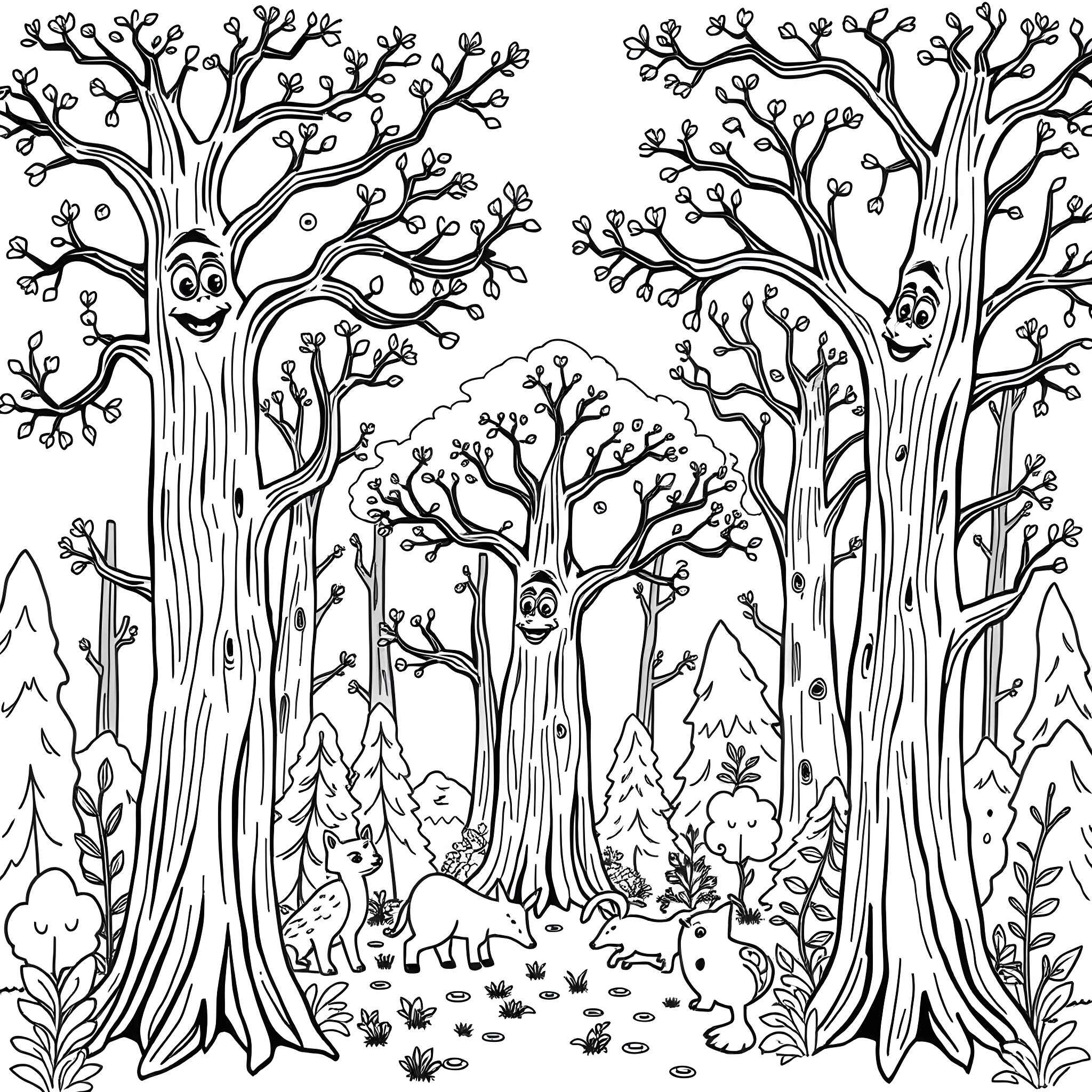 Trees with Whimsical Characters in the Forest Coloring Page (free black-and-white line drawing printable PDF for all, from beginners to advanced learners, including children, teens, adults, and seniors)