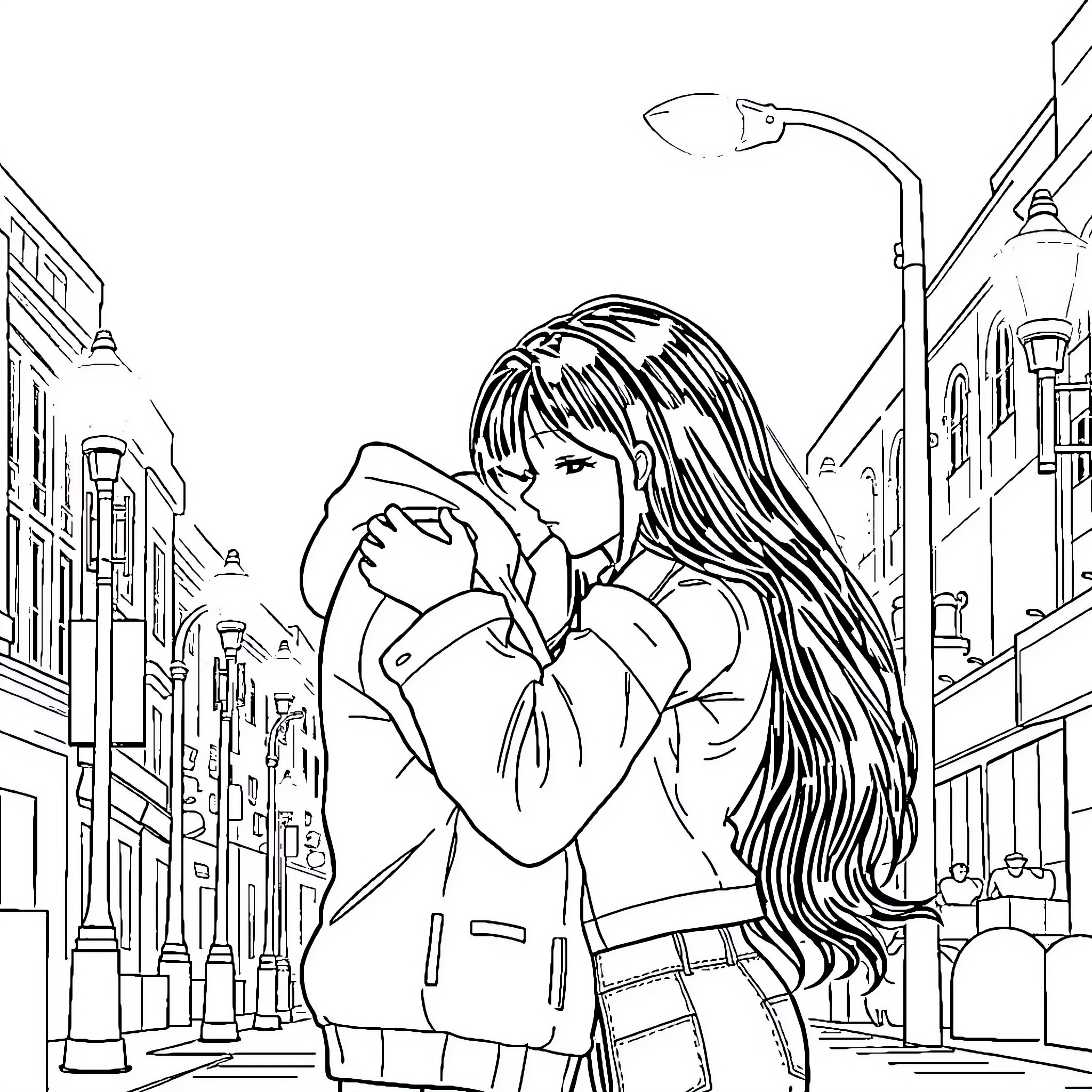 Rei Hino hugging and comforting a friend on the street Coloring Page (free black-and-white line drawing printable PDF for all, from beginners to advanced learners, including children, teens, adults, and seniors)