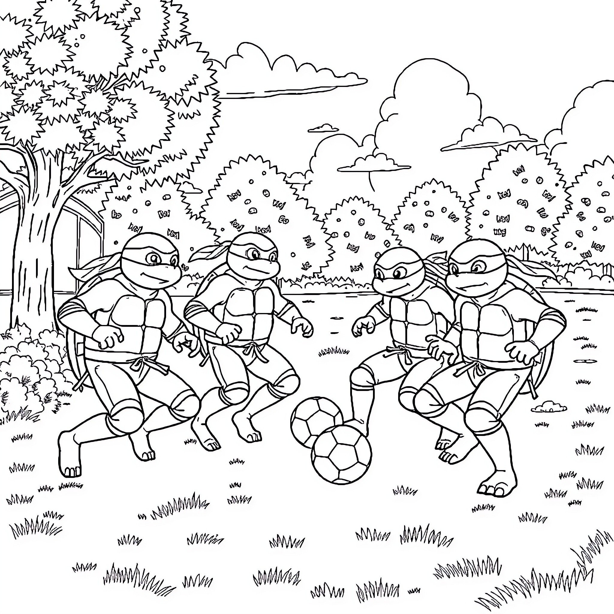 Ninja Turtles Playing Soccer in the Park Coloring Page (free black-and-white line drawing printable PDF for all, from beginners to advanced learners, including children, teens, adults, and seniors)