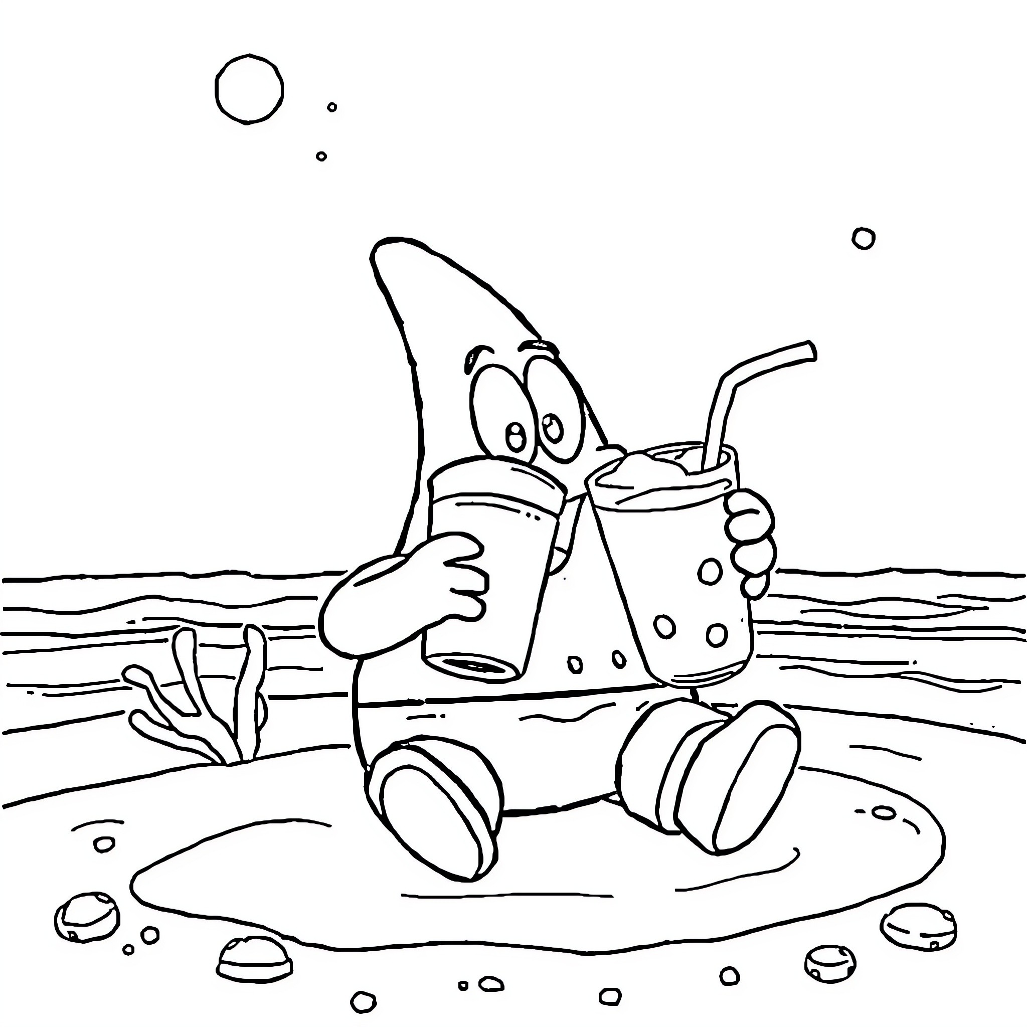 Patrick Star enjoying a refreshing beverage on the beach Coloring Page (free black-and-white line drawing printable PDF for all, from beginners to advanced learners, including children, teens, adults, and seniors)