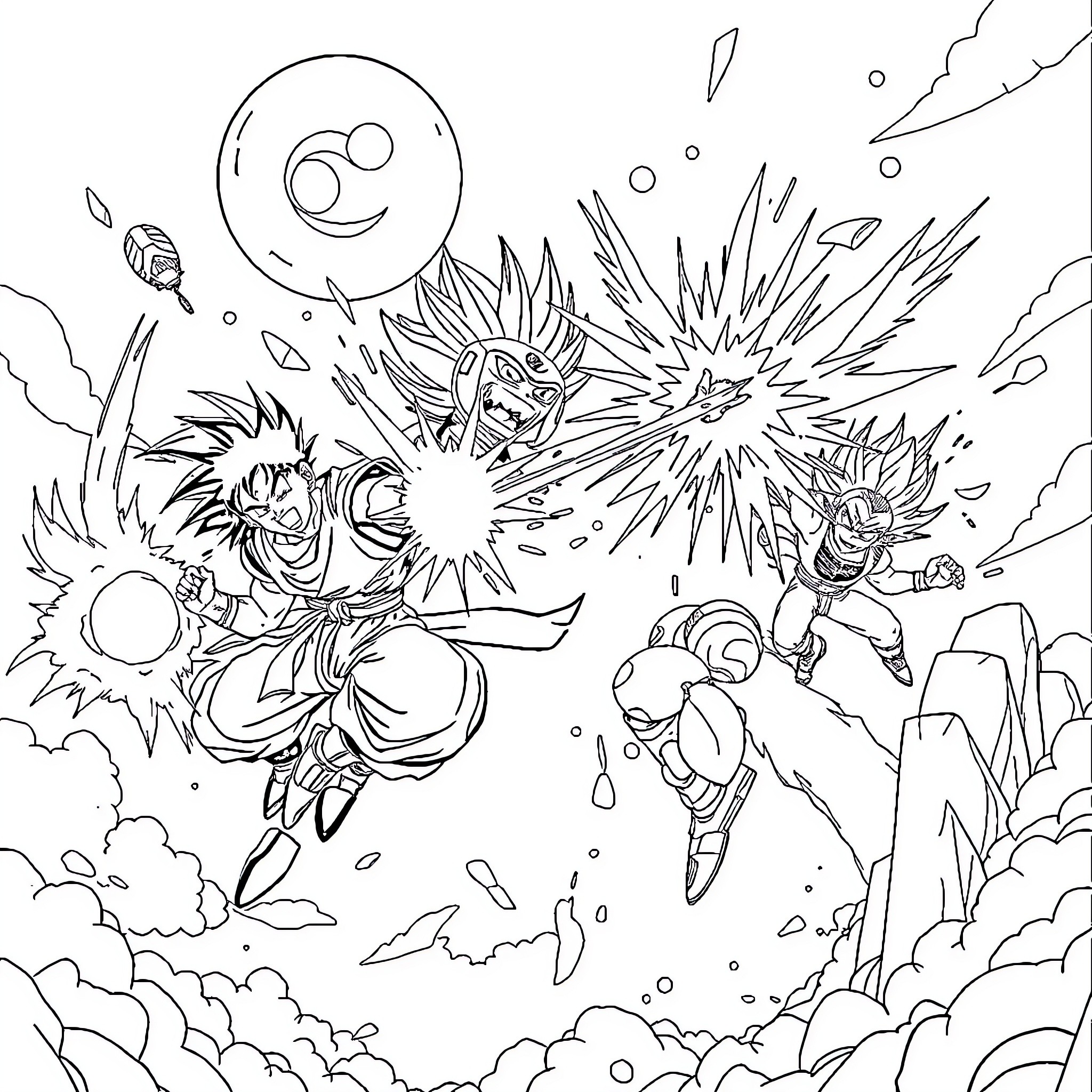 Dragonball characters in intense battle scene Coloring Page (free black-and-white line drawing printable PDF for all, from beginners to advanced learners, including children, teens, adults, and seniors)