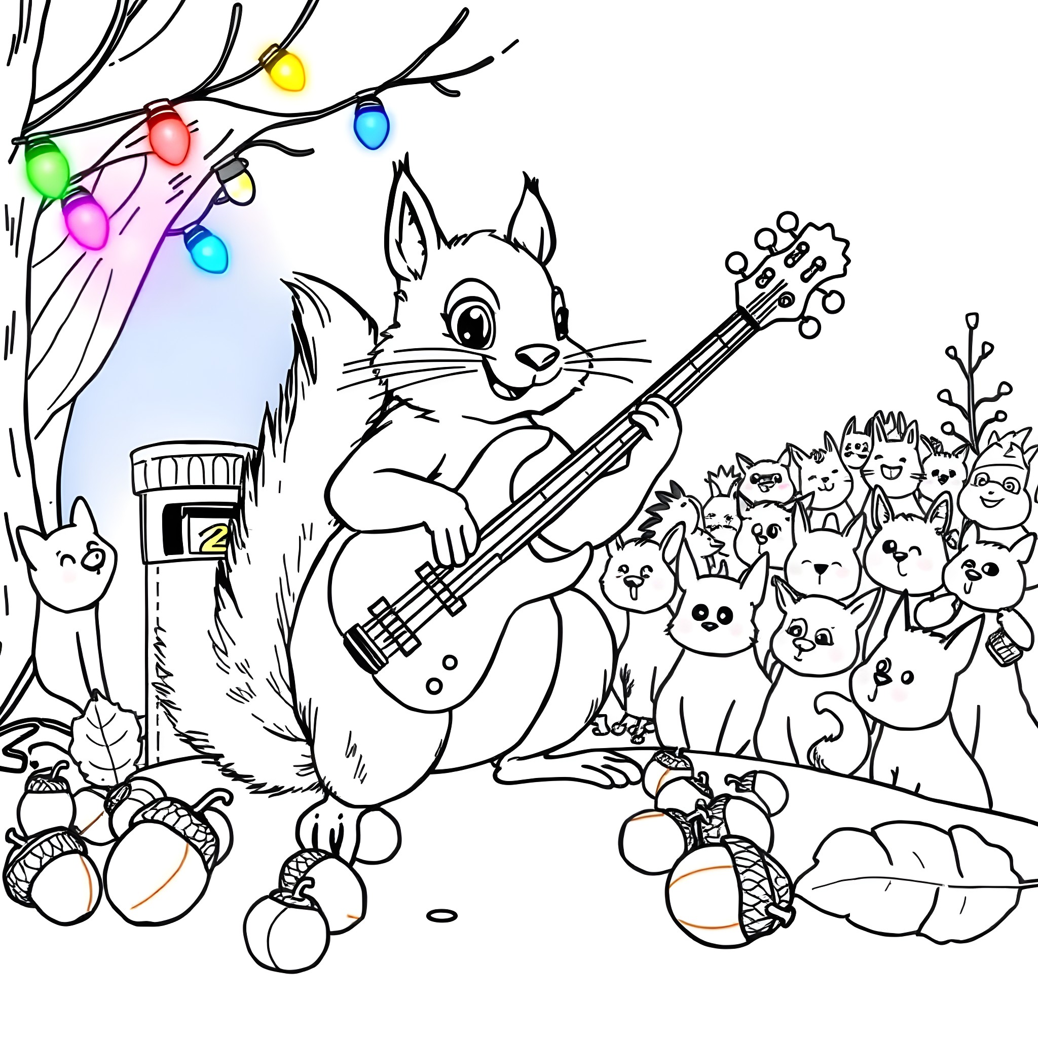 Squirrel playing guitar with animal friends in the forest Coloring Page (free black-and-white line drawing printable PDF for all, from beginners to advanced learners, including children, teens, adults, and seniors)