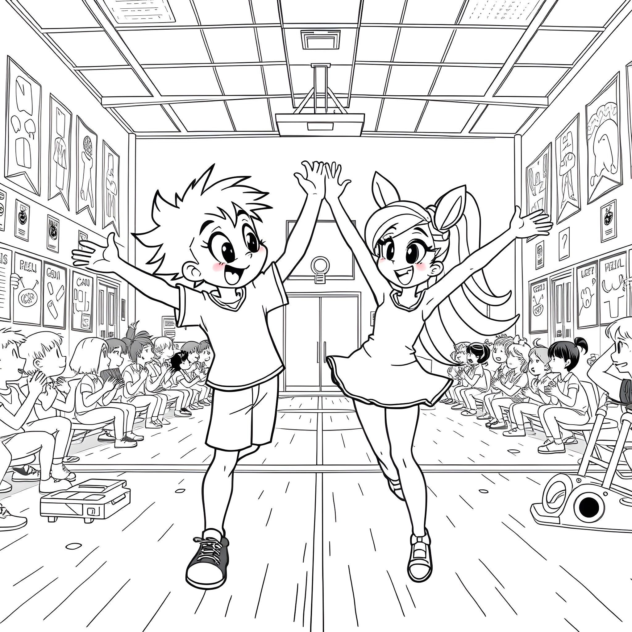 Charlie and Loona perform on stage in a classroom Coloring Page (free black-and-white line drawing printable PDF for all, from beginners to advanced learners, including children, teens, adults, and seniors)