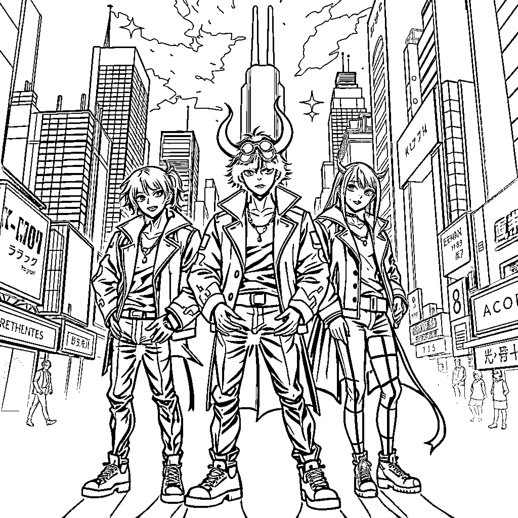 Demon Hunters in Action-Packed Urban Adventure Coloring Page (free black-and-white line drawing printable PDF for all, from beginners to advanced learners, including children, teens, adults, and seniors)