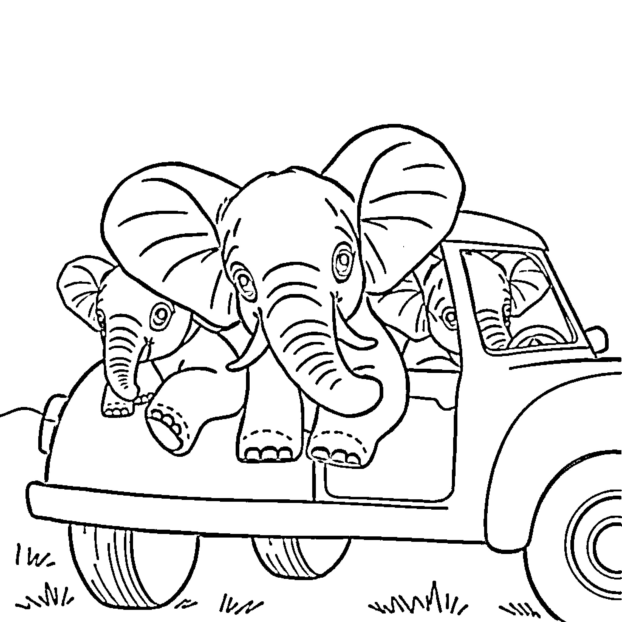 Elephant playing in a vehicle Coloring Page (free black-and-white line drawing printable PDF for all, from beginners to advanced learners, including children, teens, adults, and seniors)
