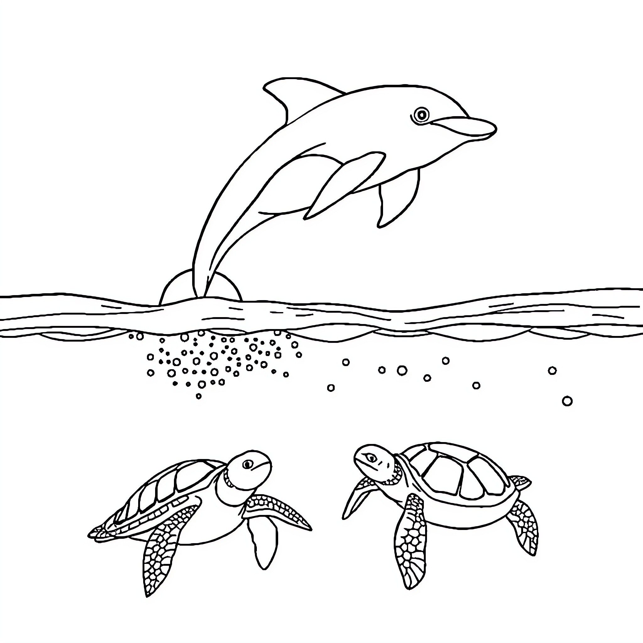 Dolphin leaping above the waves with sea turtles below Coloring Page (free black-and-white line drawing printable PDF for all, from beginners to advanced learners, including children, teens, adults, and seniors)