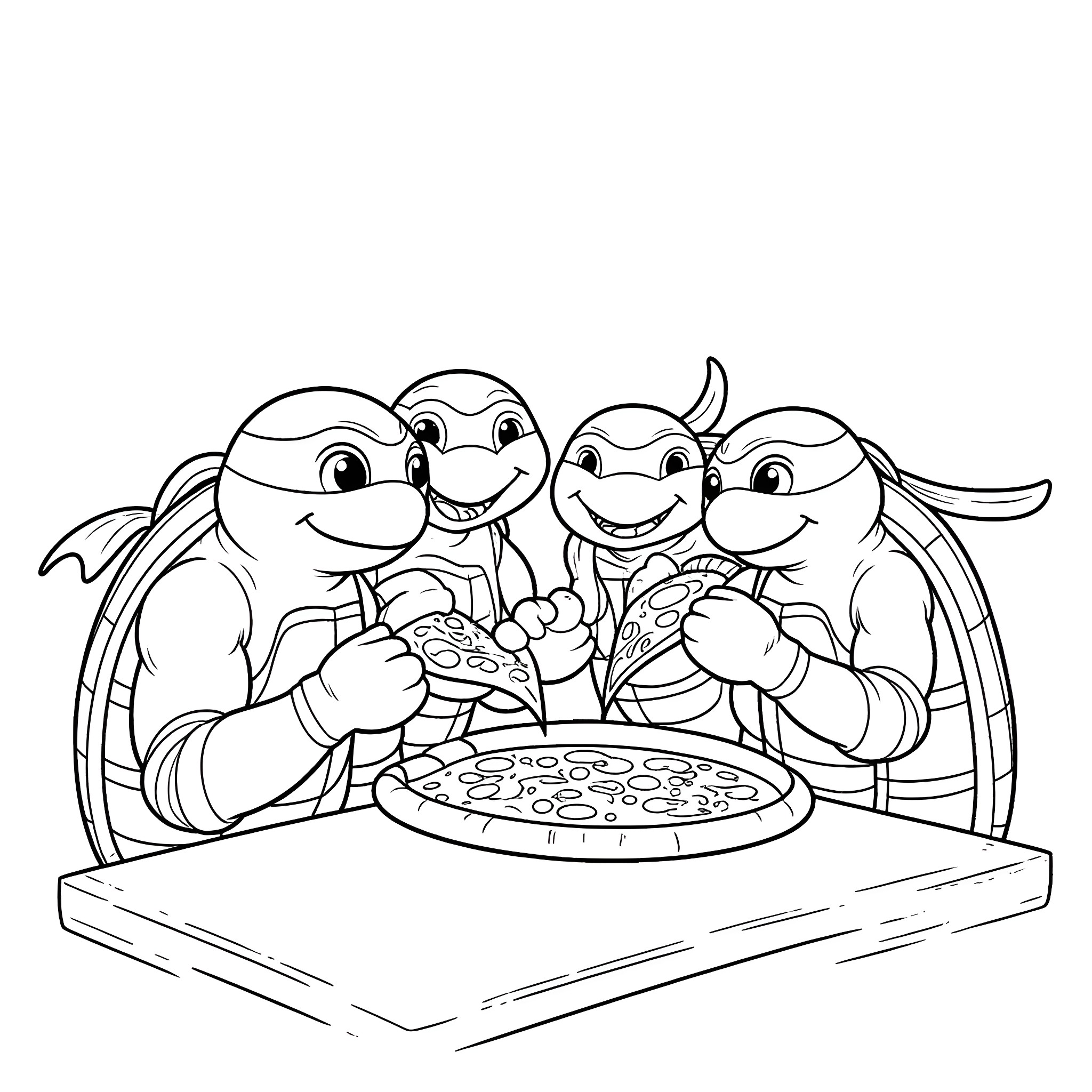Ninja Turtles Enjoying Pizza Together Coloring Page (free black-and-white line drawing printable PDF for all, from beginners to advanced learners, including children, teens, adults, and seniors)