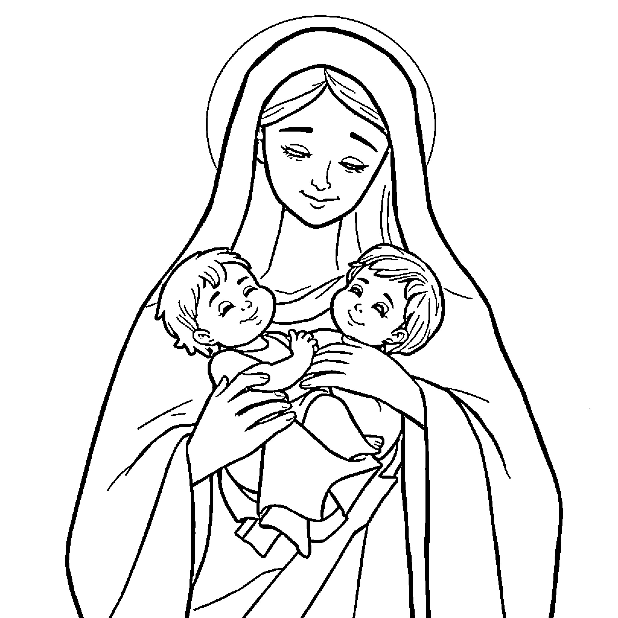 Virgin Mary embracing joyful children Coloring Page (free black-and-white line drawing printable PDF for all, from beginners to advanced learners, including children, teens, adults, and seniors)
