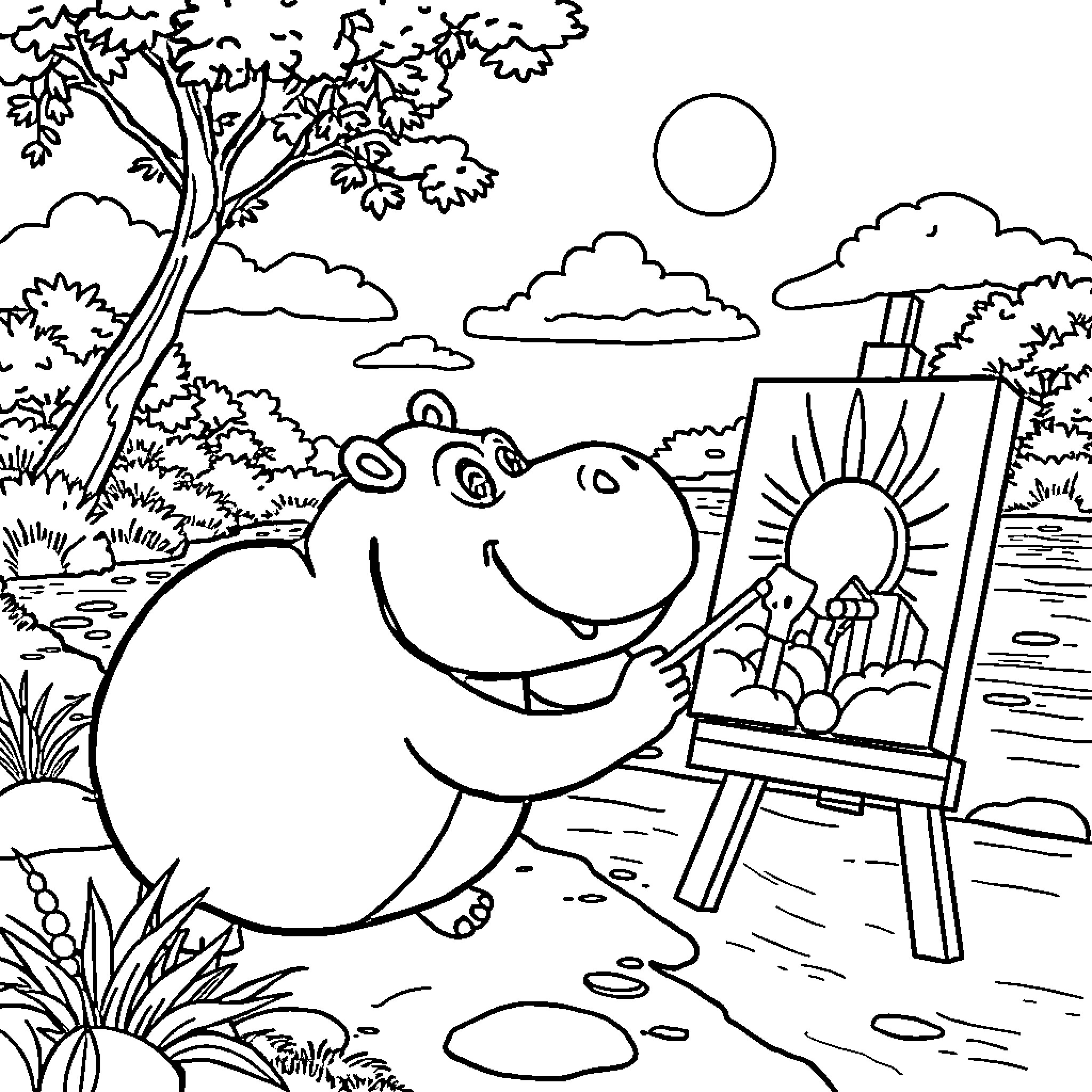 Hippo painting a landscape in the park Coloring Page (free black-and-white line drawing printable PDF for all, from beginners to advanced learners, including children, teens, adults, and seniors)
