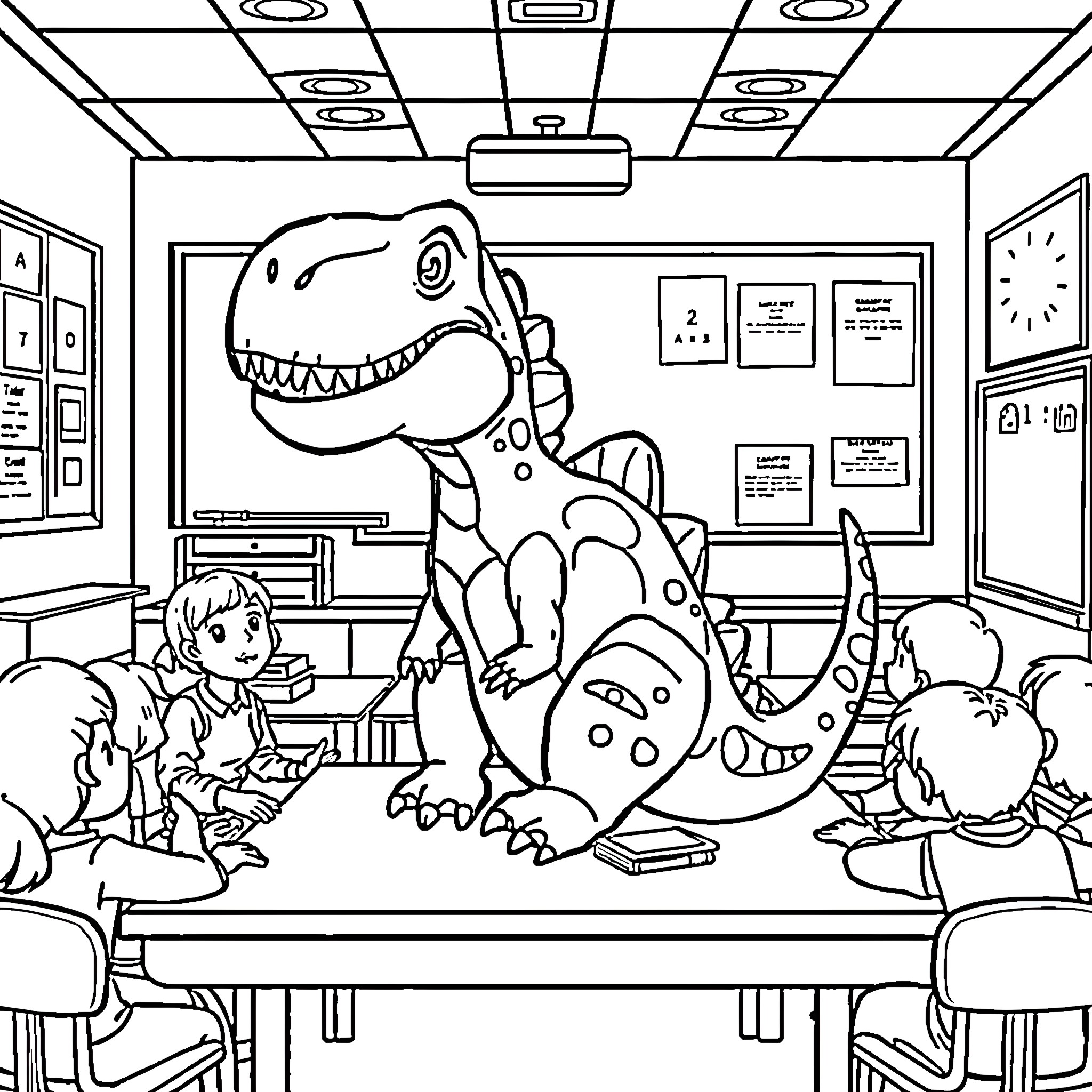 Dinosaur visiting students in classroom Coloring Page (free black-and-white line drawing printable PDF for all, from beginners to advanced learners, including children, teens, adults, and seniors)