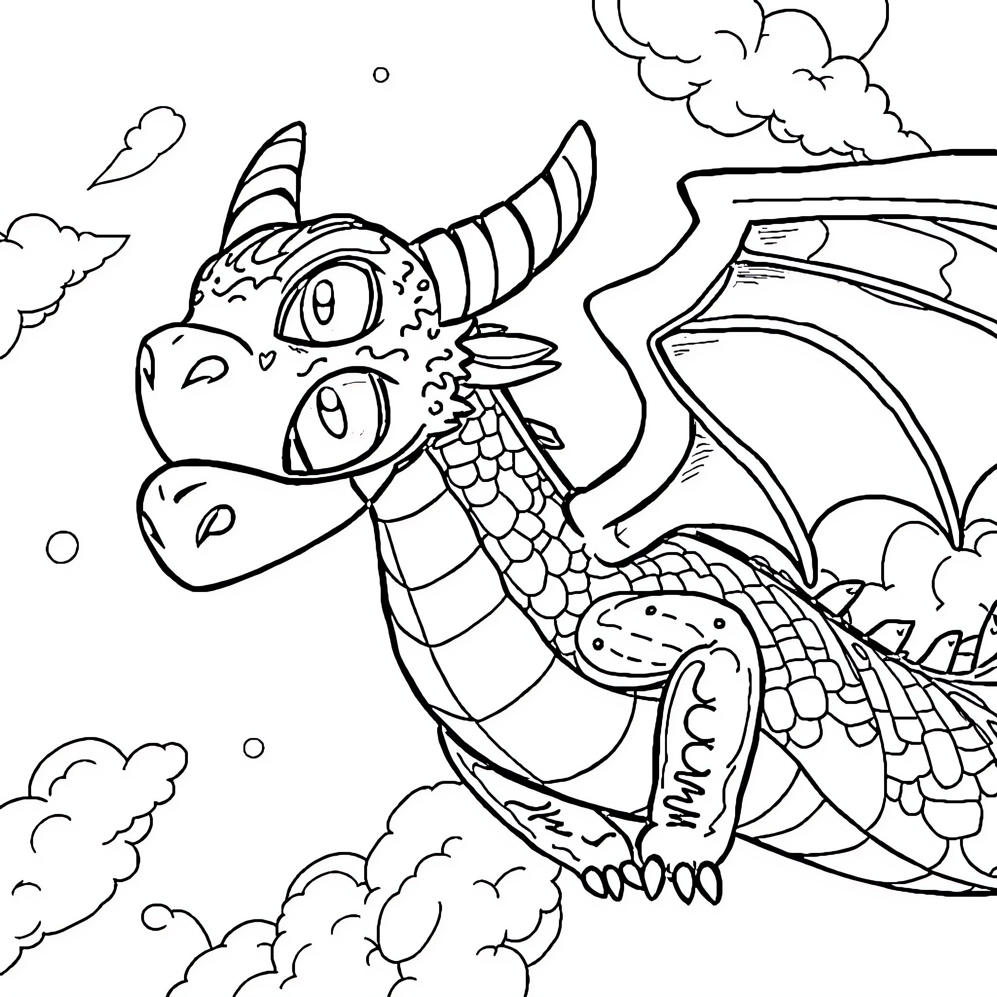 Krokmou the Playful Dragon in the Clouds Coloring Page (free black-and-white line drawing printable PDF for all, from beginners to advanced learners, including children, teens, adults, and seniors)