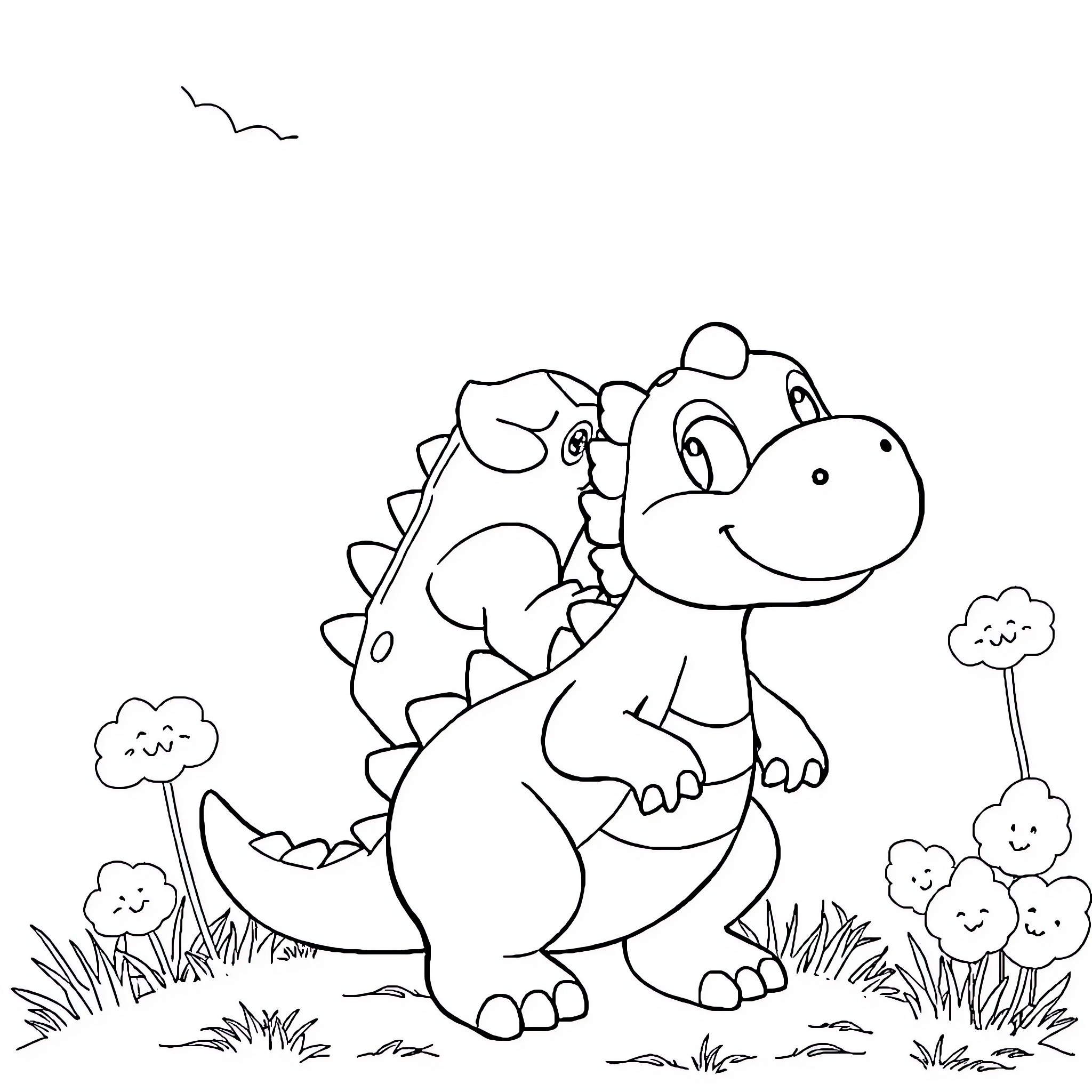 Grogu the Friendly Dinosaur Explores the Outdoors Coloring Page (free black-and-white line drawing printable PDF for all, from beginners to advanced learners, including children, teens, adults, and seniors)