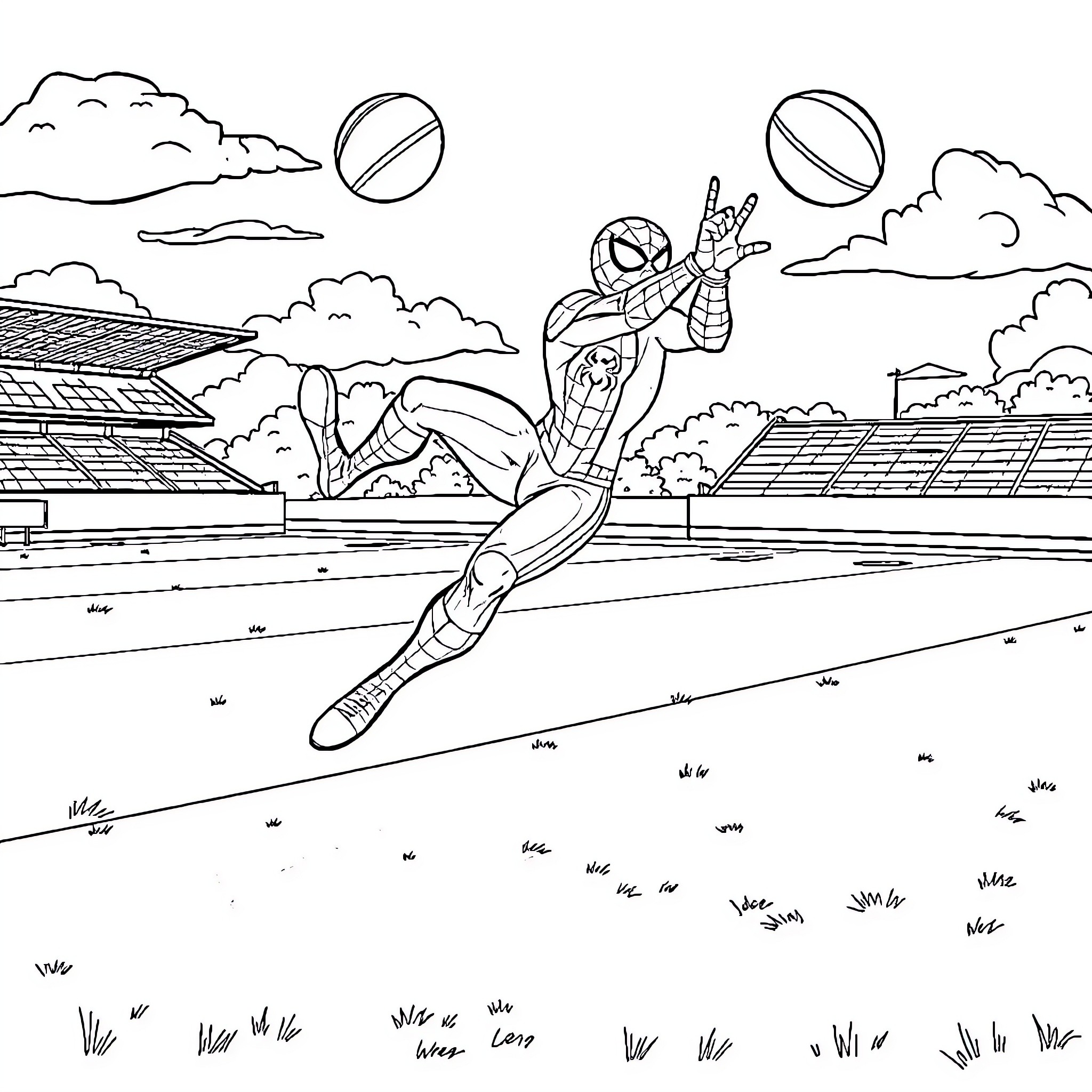 Spiderman leaping heroically on a sports field Coloring Page (free black-and-white line drawing printable PDF for all, from beginners to advanced learners, including children, teens, adults, and seniors)