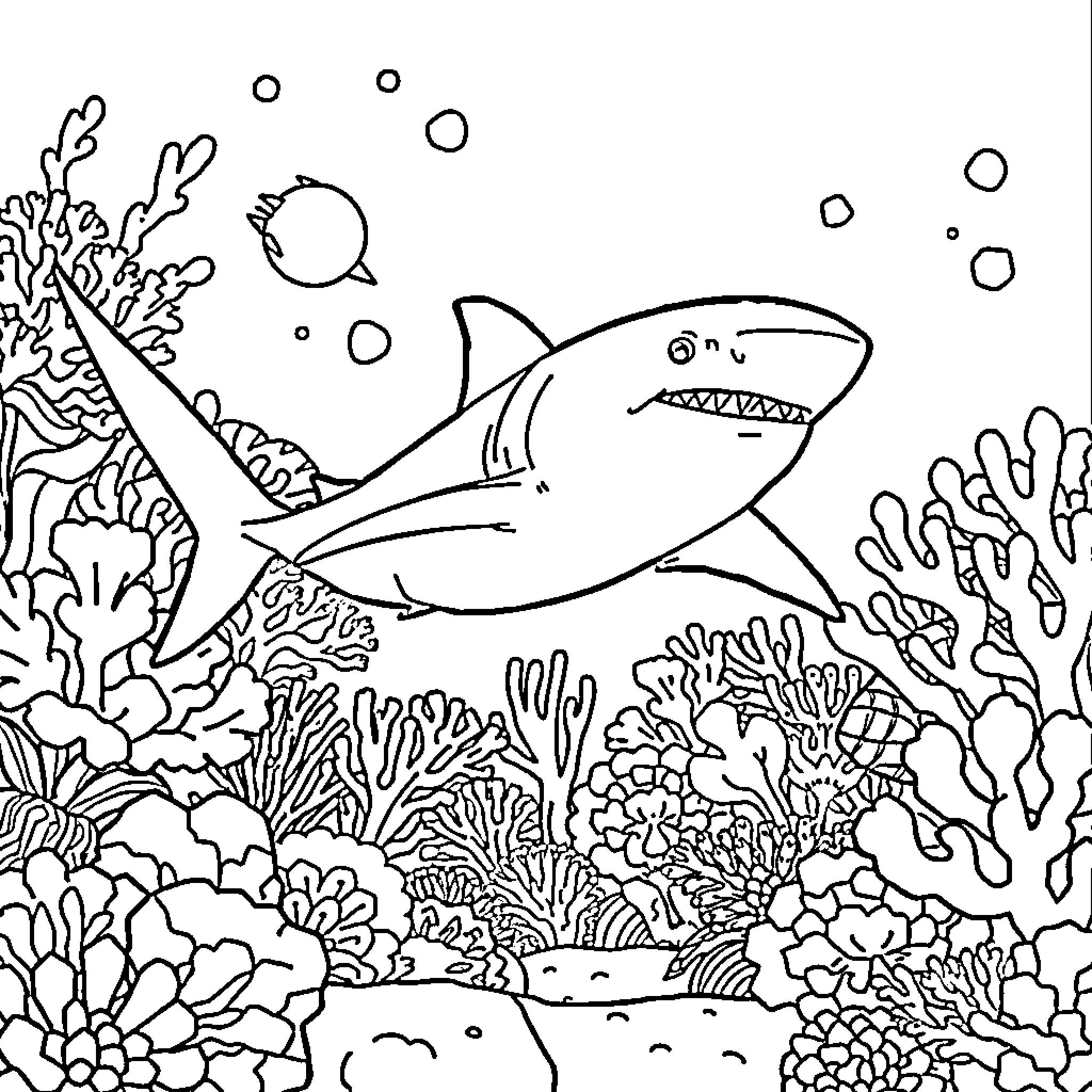 Shark swimming among vibrant coral reef Coloring Page (free black-and-white line drawing printable PDF for all, from beginners to advanced learners, including children, teens, adults, and seniors)
