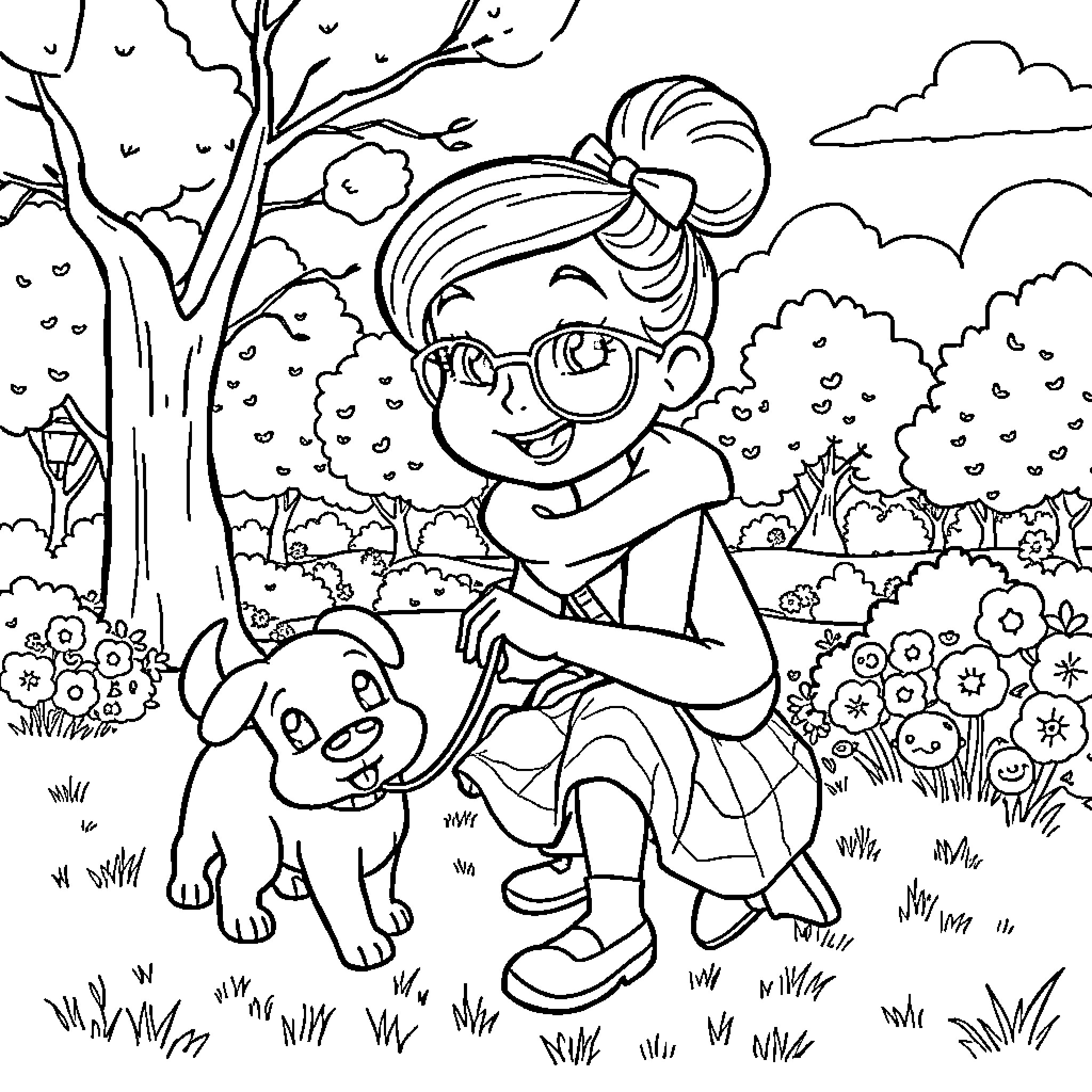Anya's Playful Adventure with Her Furry Friend Coloring Page (free black-and-white line drawing printable PDF for all, from beginners to advanced learners, including children, teens, adults, and seniors)