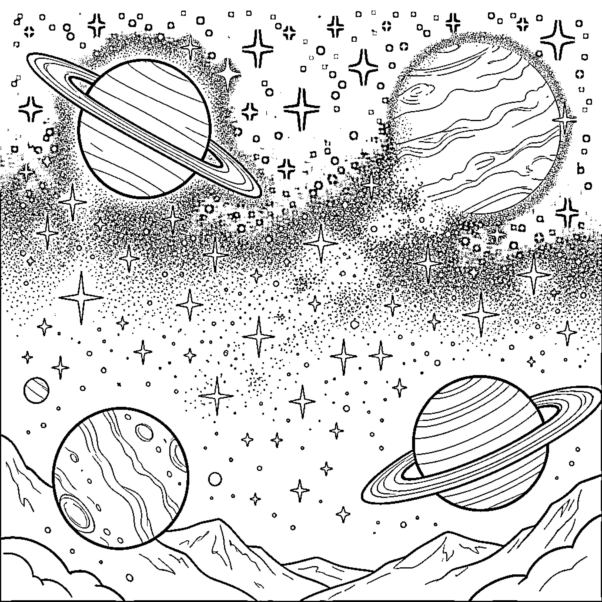 Sky Filled with Cosmic Wonders Coloring Page (free black-and-white line drawing printable PDF for all, from beginners to advanced learners, including children, teens, adults, and seniors)