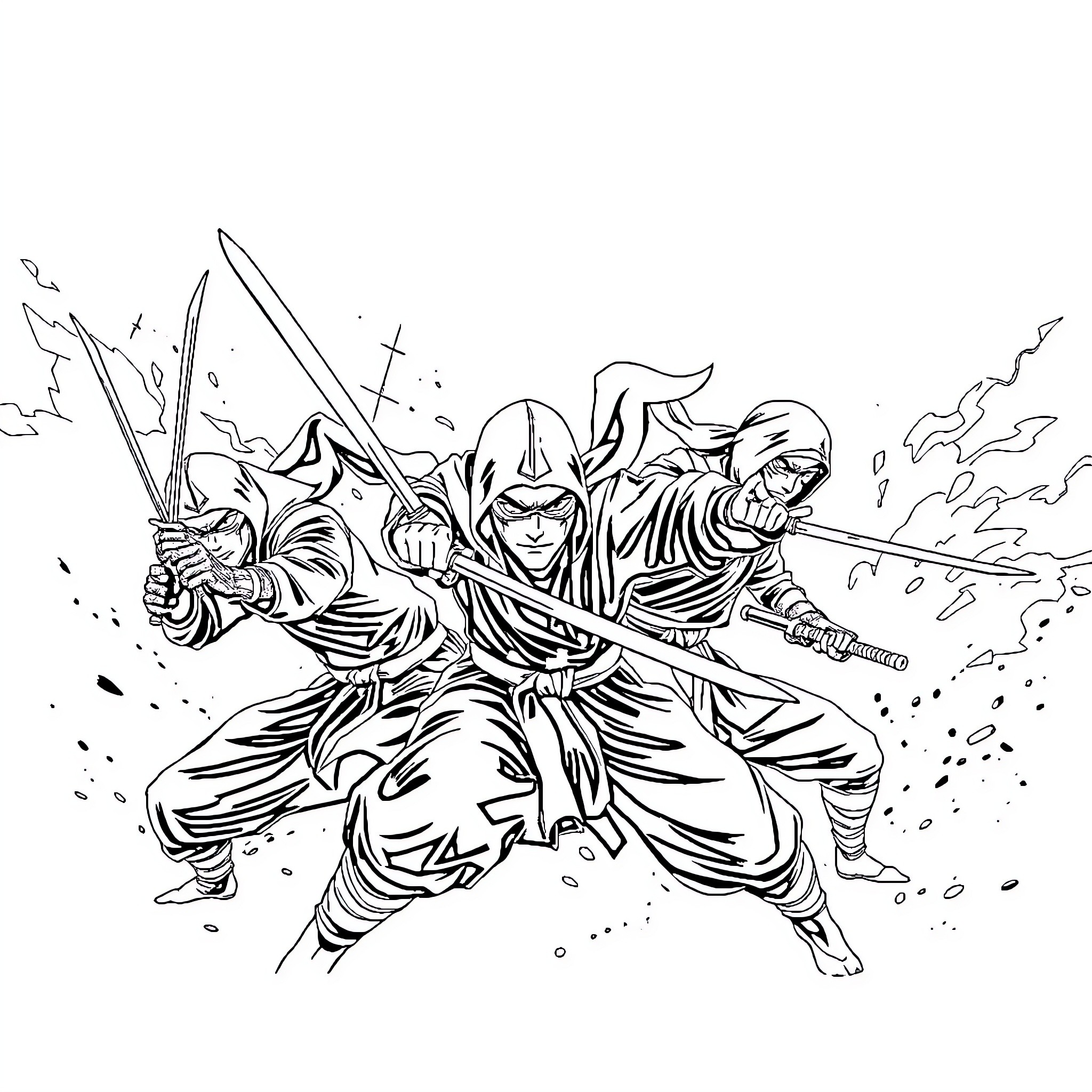 Ninja Warriors Engaged in Fierce Combat Coloring Page (free black-and-white line drawing printable PDF for all, from beginners to advanced learners, including children, teens, adults, and seniors)