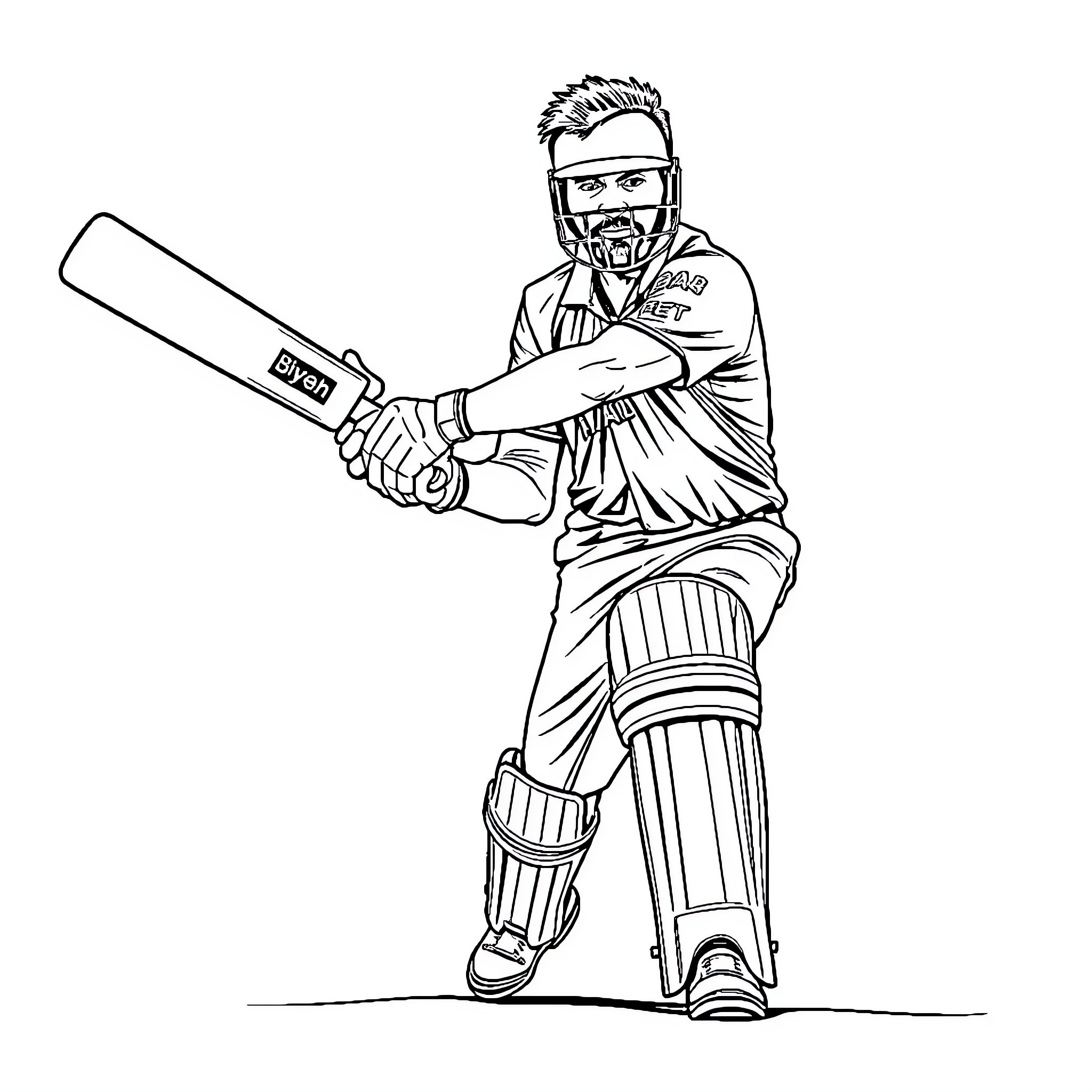 Babar Azam batting in cricketing gear Coloring Page (free black-and-white line drawing printable PDF for all, from beginners to advanced learners, including children, teens, adults, and seniors)