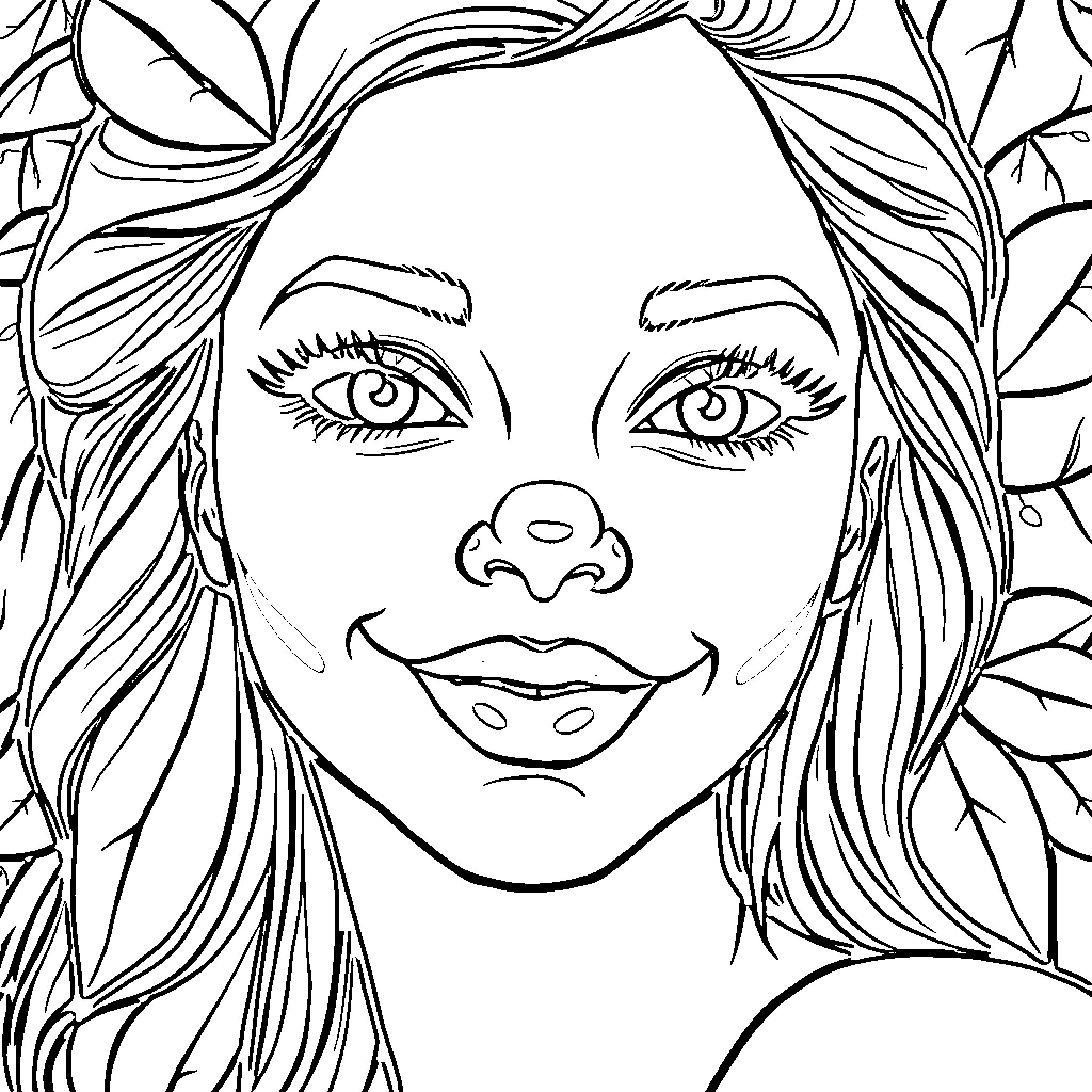 Strawberry Girl Surrounded by Nature Coloring Page (free black-and-white line drawing printable PDF for all, from beginners to advanced learners, including children, teens, adults, and seniors)