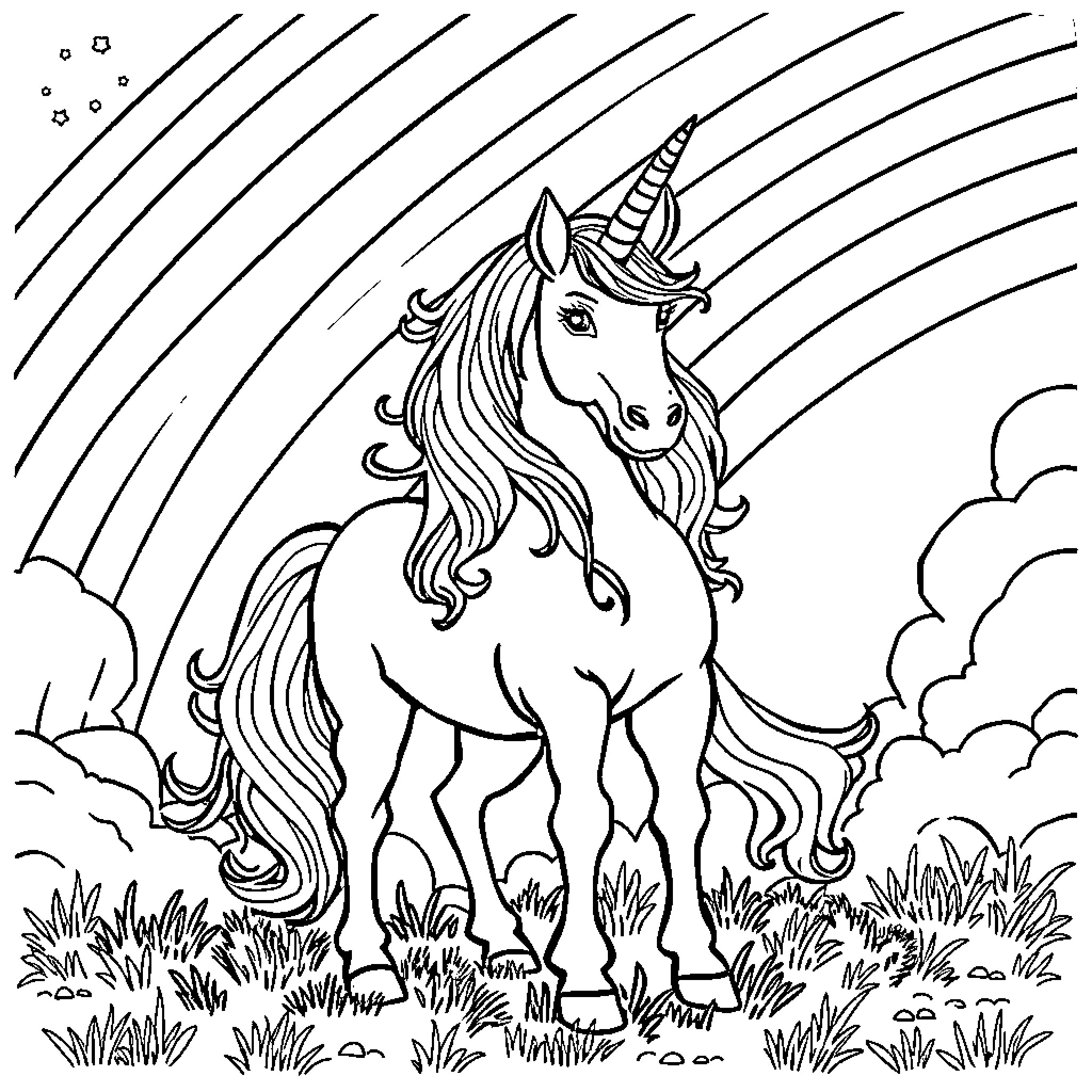 Unicorn walking gracefully through a fantasy landscape Coloring Page (free black-and-white line drawing printable PDF for all, from beginners to advanced learners, including children, teens, adults, and seniors)