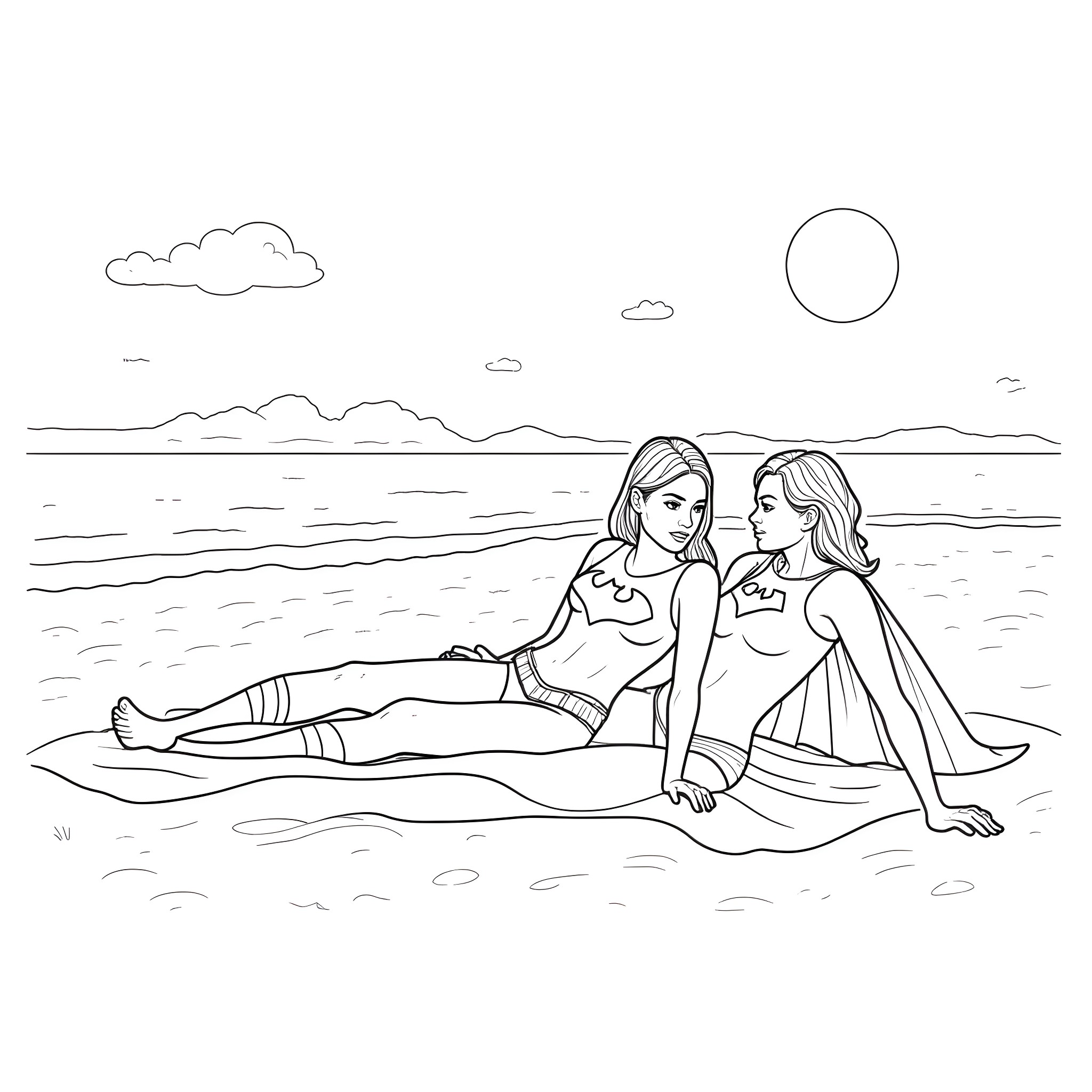 Batgirl enjoying a sunny day with her friend at the beach Coloring Page (free black-and-white line drawing printable PDF for all, from beginners to advanced learners, including children, teens, adults, and seniors)