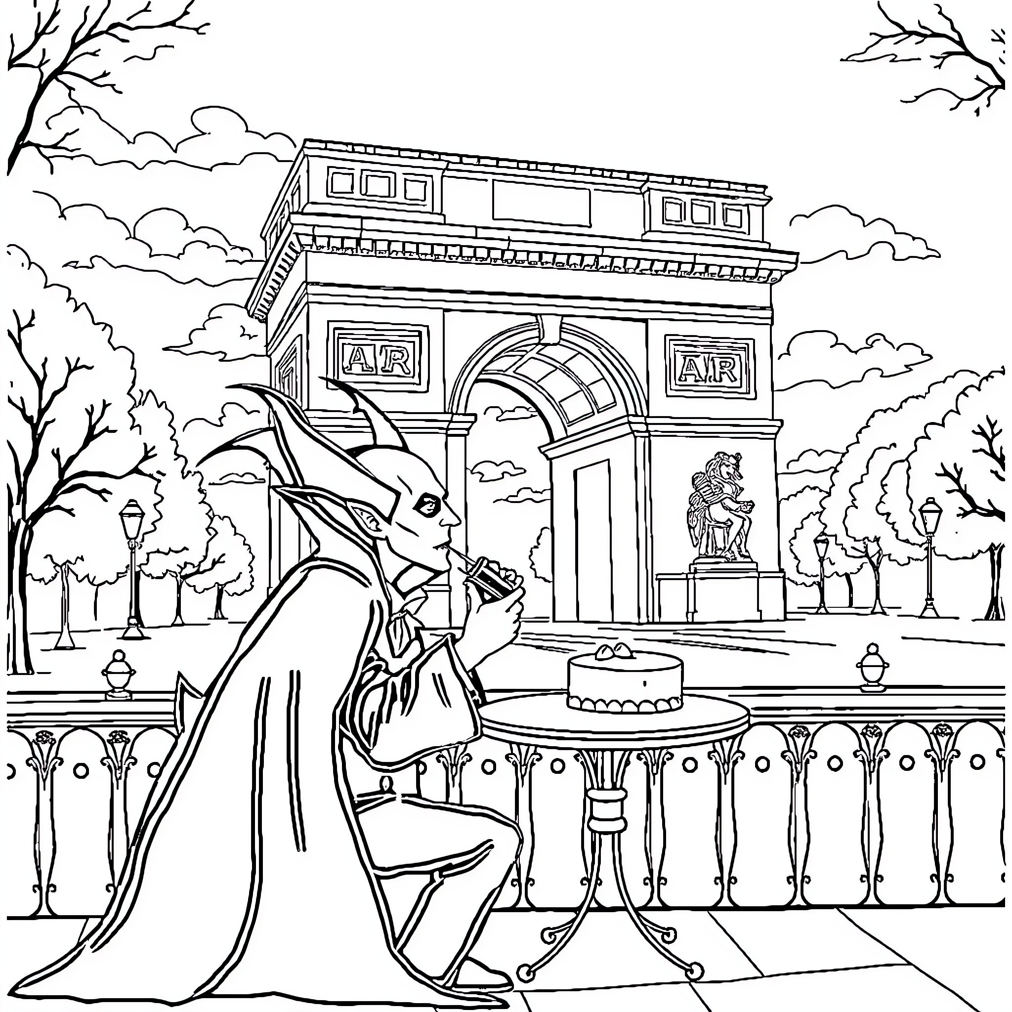 Dracula admiring the Parisian landmarks at night Coloring Page (free black-and-white line drawing printable PDF for all, from beginners to advanced learners, including children, teens, adults, and seniors)
